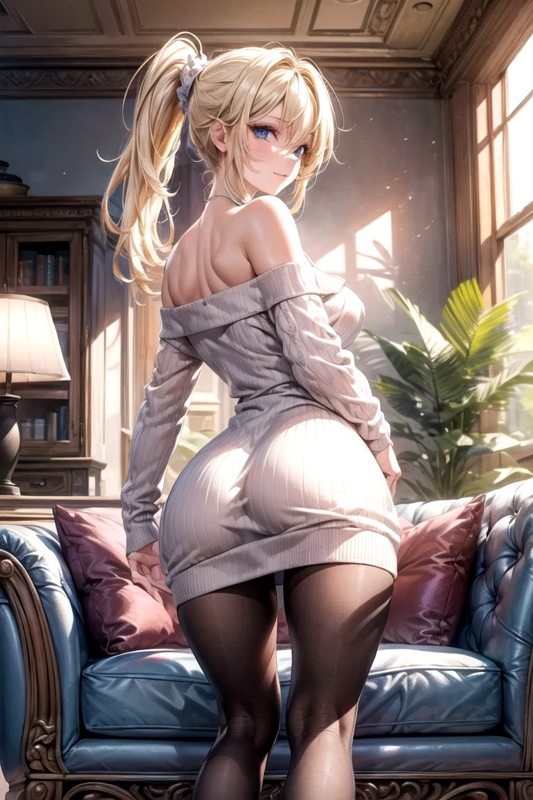 ((Real), (Model shooting), (HDTV), (8K), (Very detailed), (Beautiful and detailed eyes), (Best quality), (Ultra detailed), (Masterpiece), (Detailed face), Solo, One girl, Knitted dress, (((Big))))), (((Delusional breasts)), Long legs, Ass, Hotel, --auto --s2