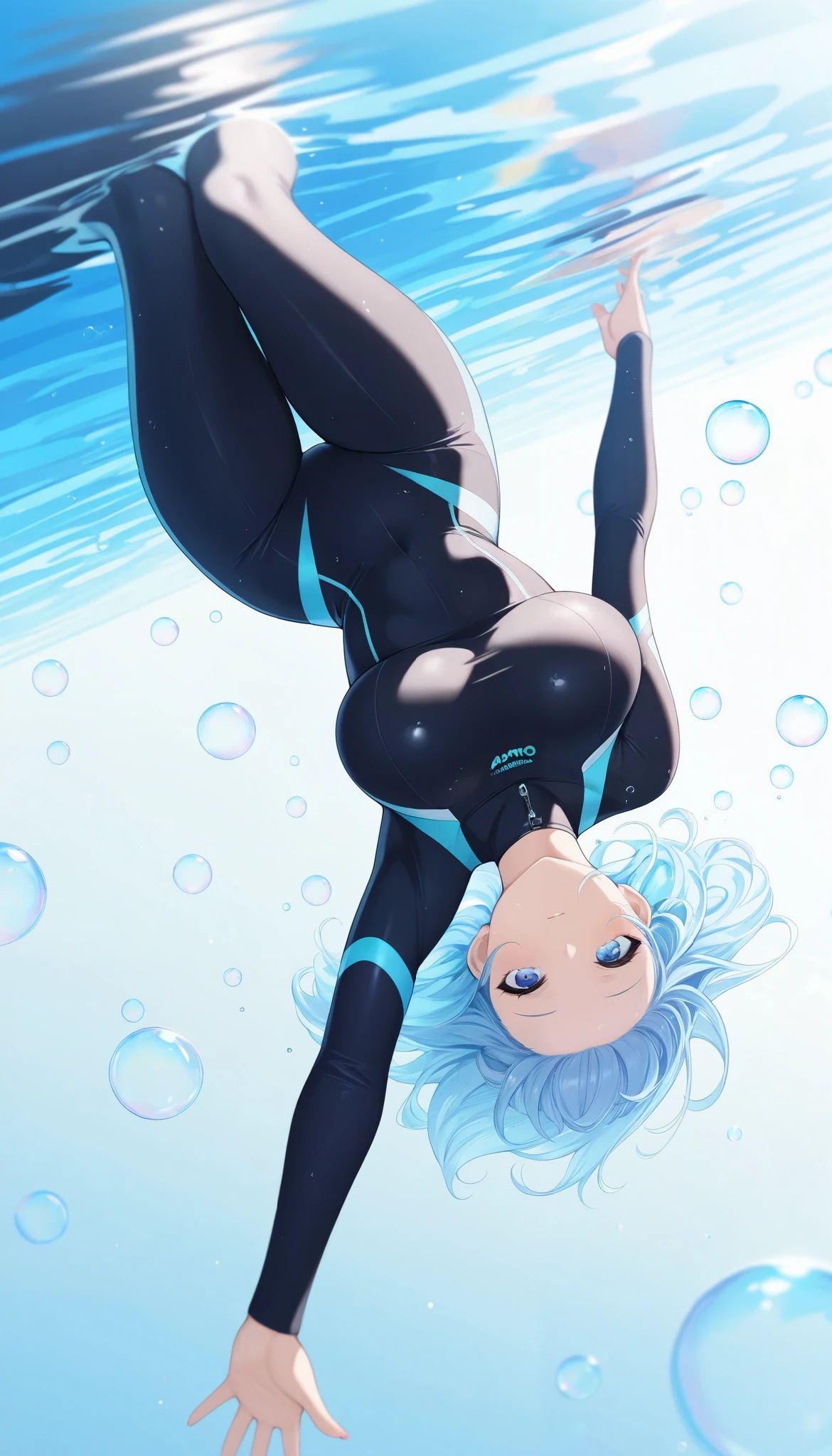 masterpiece, best quality, A woman diving into water from above, Falling upside down, Dynamic, solo, Head first into the water, The body is in the water, shot from below in the water, extremely detailed, high quality, 8k, ultra-detailed, no JPEG compression artifacts, (bubbles \0__11Xx_illu\ emanating from entire body), aerial view, speed lines to convey accelerating descent, amazing quality