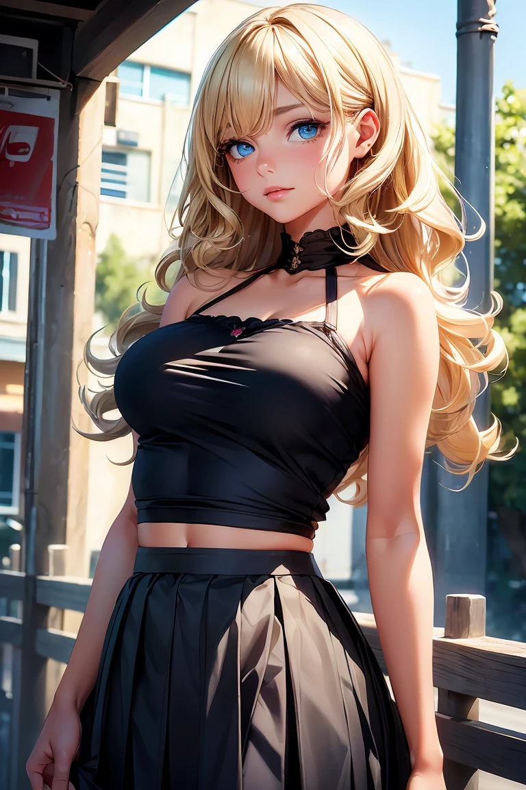 Female gyaru, Ponytail Blonde hair, Blue eyes, dark brown skin, large breasts, wearing a black sleeveless top, white skirt and tights