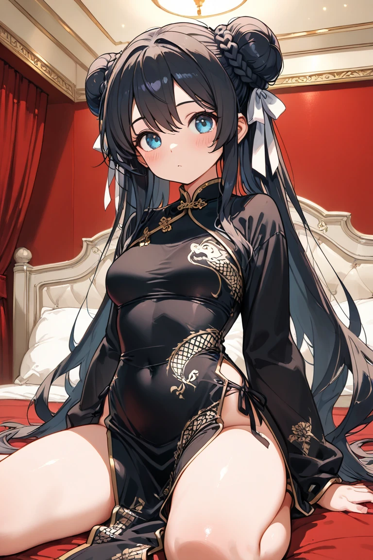 Anime style , young girl chinesa , 12 years2girls, very long black hair frinje traditional , twintails , green eyes , angry face, blush , chinese dress dress with side slits ,side tie panties , flat chest, highleg panties, garterbelt long socks. Kung-fu pose. Kick
