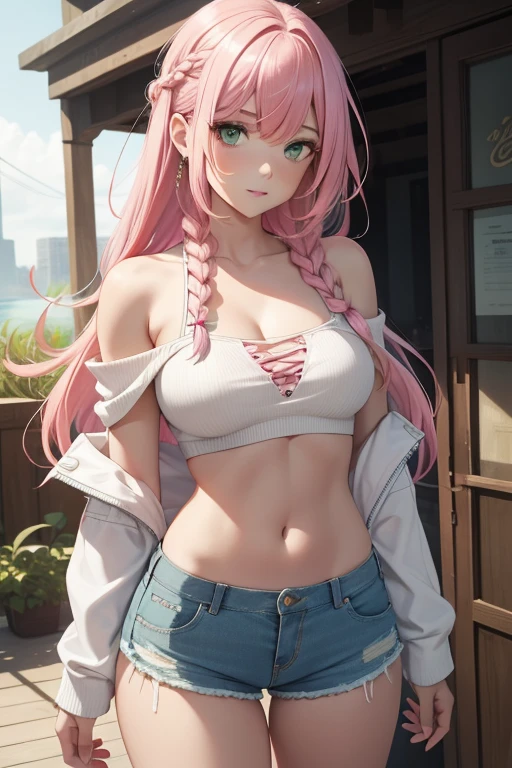 （（Best quality at best，8K，tmasterpiece：1.4））， with pink hair，Long braid on one side， allure，（ Bare lower chest，Plain white off-the-shoulder extra-short top），Colossal tits， shiny skins，tight ripped denim shorts， green-eyed