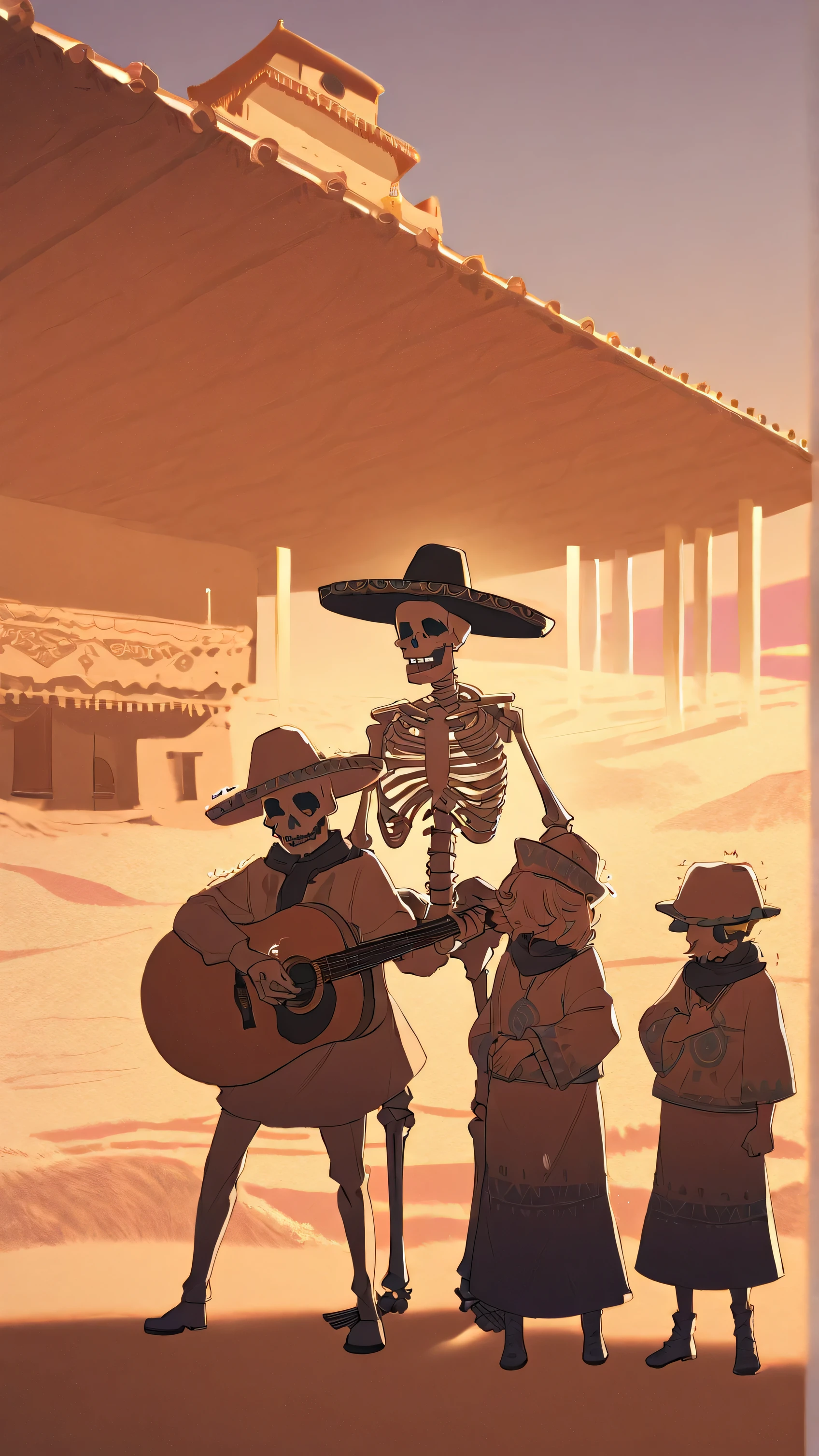 A man wearing a brightly colored, skeleton-themed sombrero, also known as a Sombrero de Calavera, plays a worn acoustic guitar in a dusty, sun-drenched Mexican desert town. The midday sun casts long shadows, highlighting the intricate details of his attire and instrument. He stands amidst crumbling adobe buildings, their architecture weathered by the harsh desert climate. This scene visually embodies Mexican folk traditions, captured in a cinematic shot with warm, muted tones of the desert environment dominating the color palette. The dusty, arid environment surrounds the man, with cacti and sand stretching as far as the eye can see. The man's expression appears serene as he plays his music, surrounded by the rustic beauty of the desert town