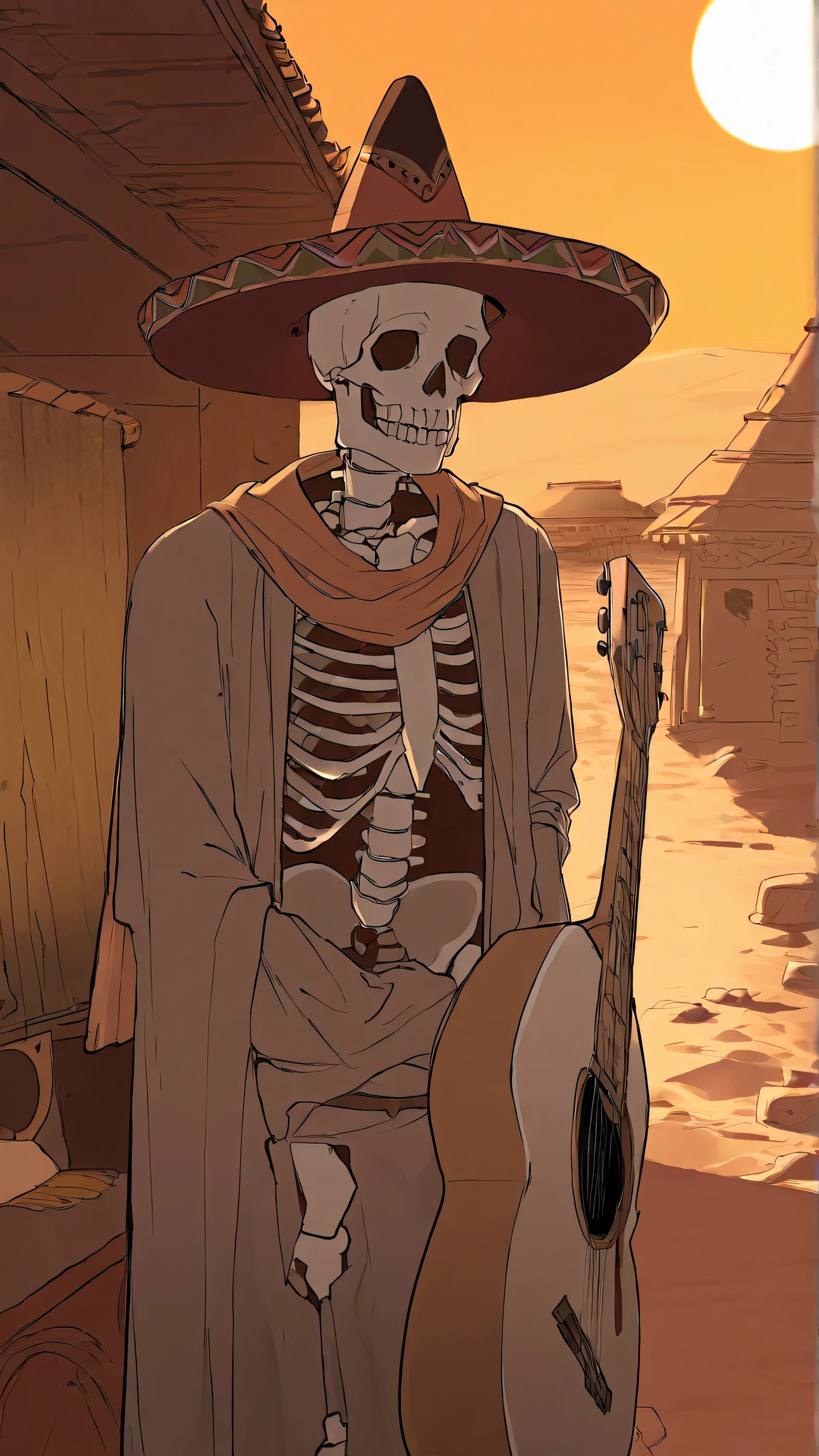 A man wearing a brightly colored, skeleton-themed sombrero, also known as a Sombrero de Calavera, plays a worn acoustic guitar in a dusty, sun-drenched Mexican desert town. The midday sun casts long shadows, highlighting the intricate details of his attire and instrument. He stands amidst crumbling adobe buildings, their architecture weathered by the harsh desert climate. This scene visually embodies Mexican folk traditions, captured in a cinematic shot with warm, muted tones of the desert environment dominating the color palette. The dusty, arid environment surrounds the man, with cacti and sand stretching as far as the eye can see. The man's expression appears serene as he plays his music, surrounded by the rustic beauty of the desert town