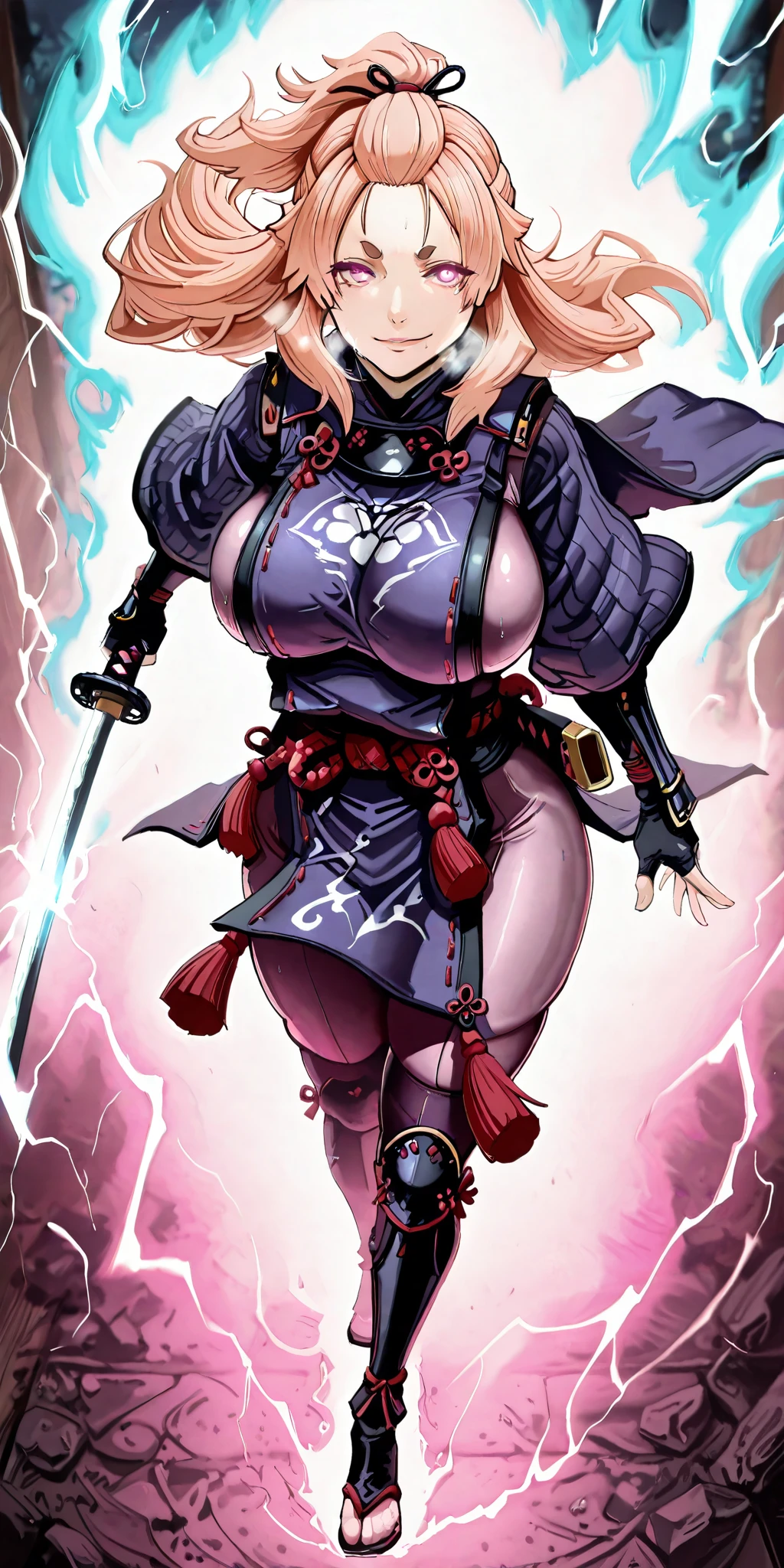 (Luxu-style:1.4), (Harris Hero-style:1.2), masterpiece, high quality, absurdres, best quality, very aesthetic, newest, anatomical correct, HD, 4K, digital art, trending on ArtStation, gasping, heavy breathing, excessive sweating, sweating, sweating profusely, gasping profusely, cinematic, ((skindentation)), ((voluptuous)), Mmananakiri, mature female, long hair, half updo hair, pink hair, purple eyes, short eyebrows, big breasts, bright pupils, 1girl, breasts, ribbed_sleeves, weapon, sword, tabard, bodysuit, gloves, solo, katana, purple_bodysuit, rope, black_gloves, smile, fingerless_gloves, japanese_armor, holding_sword, holding_weapon, holding, loincloth, arm_guards, lightning, closed_mouth, tassel, electricity, (sui_Ishida-style), smirk, glowing eyes, eyes trail, glow effect, (aura:1.2), walking