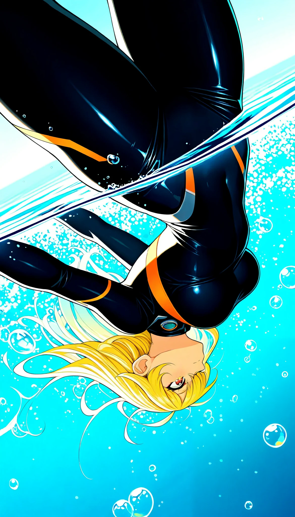 masterpiece, best quality, A woman diving into water from above, Falling upside down, Dynamic, solo, Head first into the water, The body is in the water, shot from below in the water, extremely detailed, high quality, 8k, ultra-detailed, no JPEG compression artifacts, (bubbles \0__11Xx_illu\ emanating from entire body), aerial view, speed lines to convey accelerating descent, amazing quality