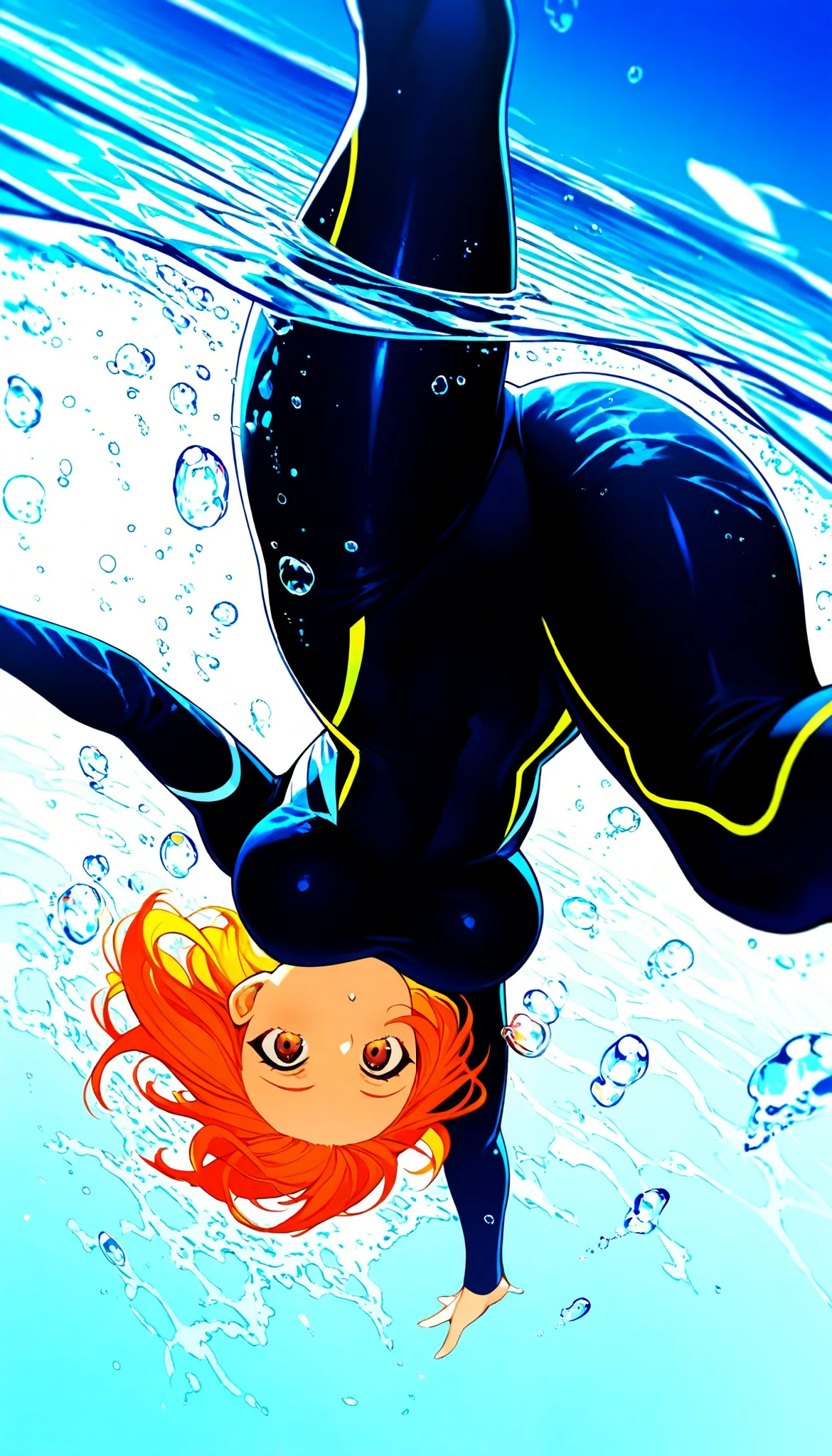 masterpiece, best quality, A woman diving into water from above, Falling upside down, Dynamic, solo, Head first into the water, The body is in the water, shot from below in the water, extremely detailed, high quality, 8k, ultra-detailed, no JPEG compression artifacts, (bubbles \0__11Xx_illu\ emanating from entire body), aerial view, speed lines to convey accelerating descent, amazing quality