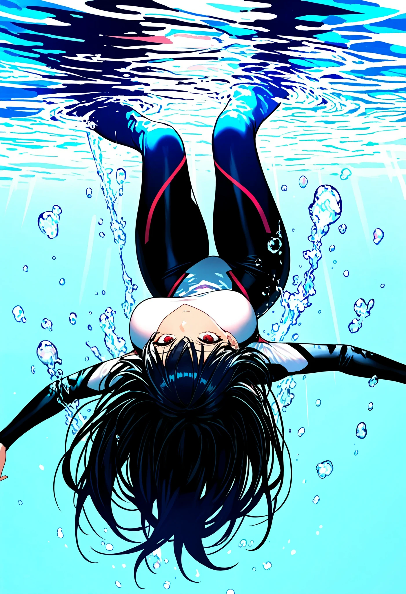 masterpiece, best quality, A woman diving into water from above, Falling upside down, Dynamic, solo, Head first into the water, The body is in the water, shot from below in the water, extremely detailed, high quality, 8k, ultra-detailed, no JPEG compression artifacts, bubbles \0__11Xx_illu\ emanating from entire body, aerial view, speed lines to convey accelerating descent, amazing quality