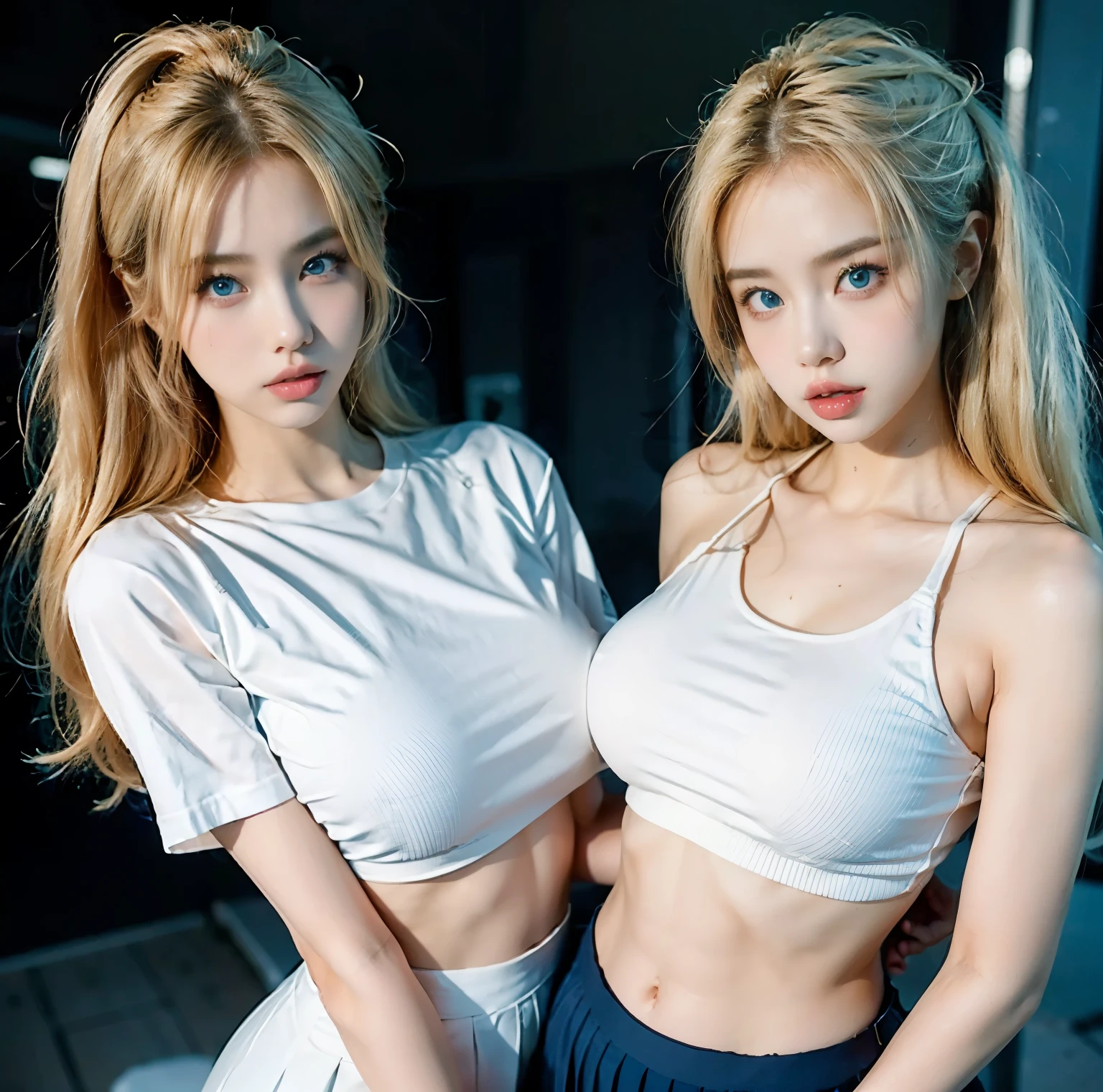 2girl, (Twins), Blue eyes, (smiling), (Sana Minatozaki), wide hips, Big Boobs, big ass, (Best Quality, 8k, Masterpiece: 1.3), perfect hands, Clear Focus: 1.2, Perfect Body Beauty: 1.4 , Slender Abs: 1.2, Highly detailed face and skin texture, detailed eyes, double eyelids, (blonde long hair), (white cleavage tanktop), (denim shorts), standing, sexy pose, (next to her twin sister :1.4), in a living room, deep on field