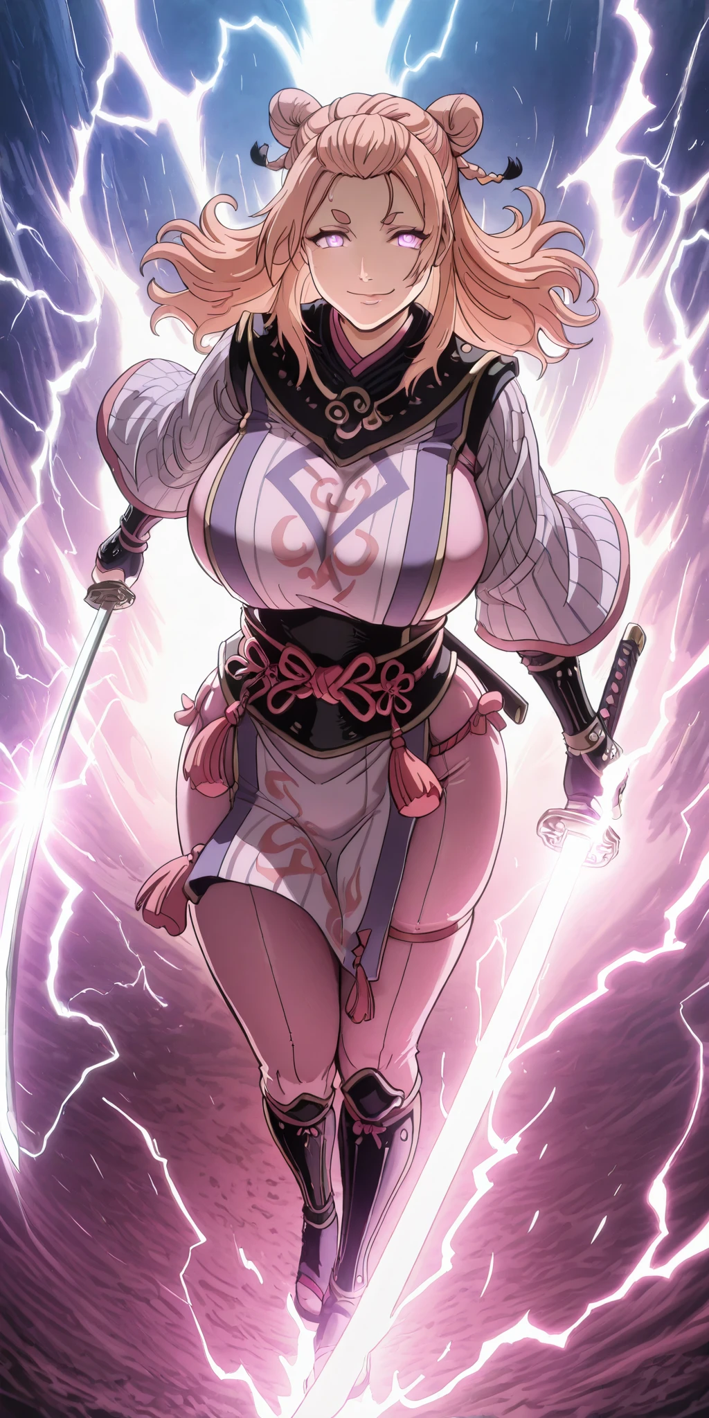 (Luxu-style:1.4), (Harris Hero-style:1.2), masterpiece, high quality, absurdres, best quality, very aesthetic, newest, anatomical correct, HD, 4K, digital art, trending on ArtStation, gasping, heavy breathing, excessive sweating, sweating, sweating profusely, gasping profusely, cinematic, ((skindentation)), ((voluptuous)), Mmananakiri, mature female, long hair, half updo hair, pink hair, purple eyes, short eyebrows, big breasts, bright pupils, 1girl, breasts, ribbed_sleeves, weapon, sword, tabard, bodysuit, gloves, solo, katana, purple_bodysuit, rope, black_gloves, smile, fingerless_gloves, japanese_armor, holding_sword, holding_weapon, holding, loincloth, arm_guards, lightning, closed_mouth, tassel, electricity, smirk, glowing eyes, eyes trail, glow effect, (aura:1.2), walking