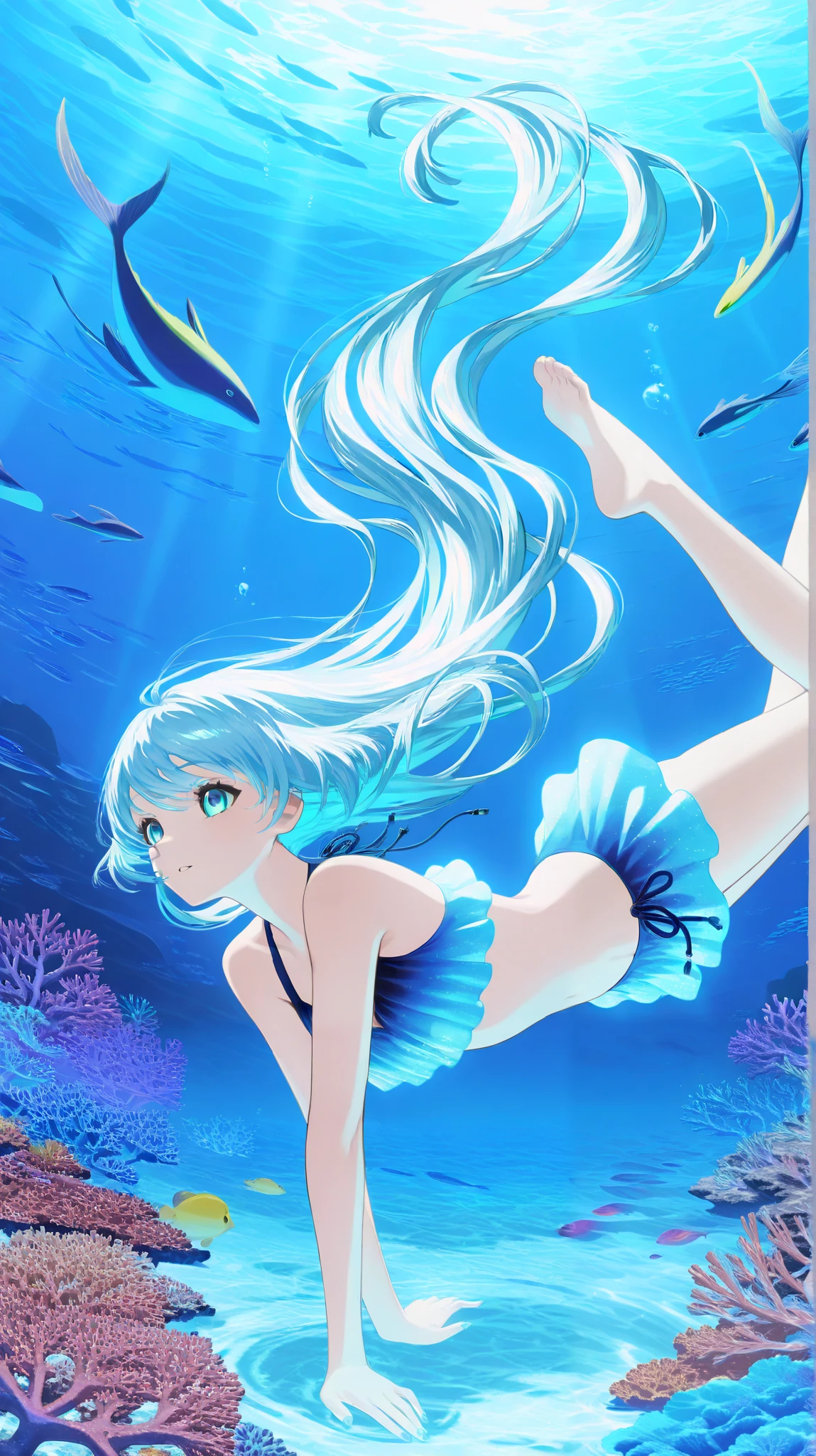 Photo of a dolphin swimming in a colorful ocean, Light blue long hair、beautiful girl with twin tails、Inspired by Cyril Rolland, Beautiful artwork illustration, Colorful concept art, Cyril Rolland style, Very detailedな水彩画 8k, Very detailedな水彩画 8 K,Octane,end,Realistic,Clear lines, High Sharpness,Highest quality, Very detailed, Master Parts, Cinematic Lighting Effects, 4K