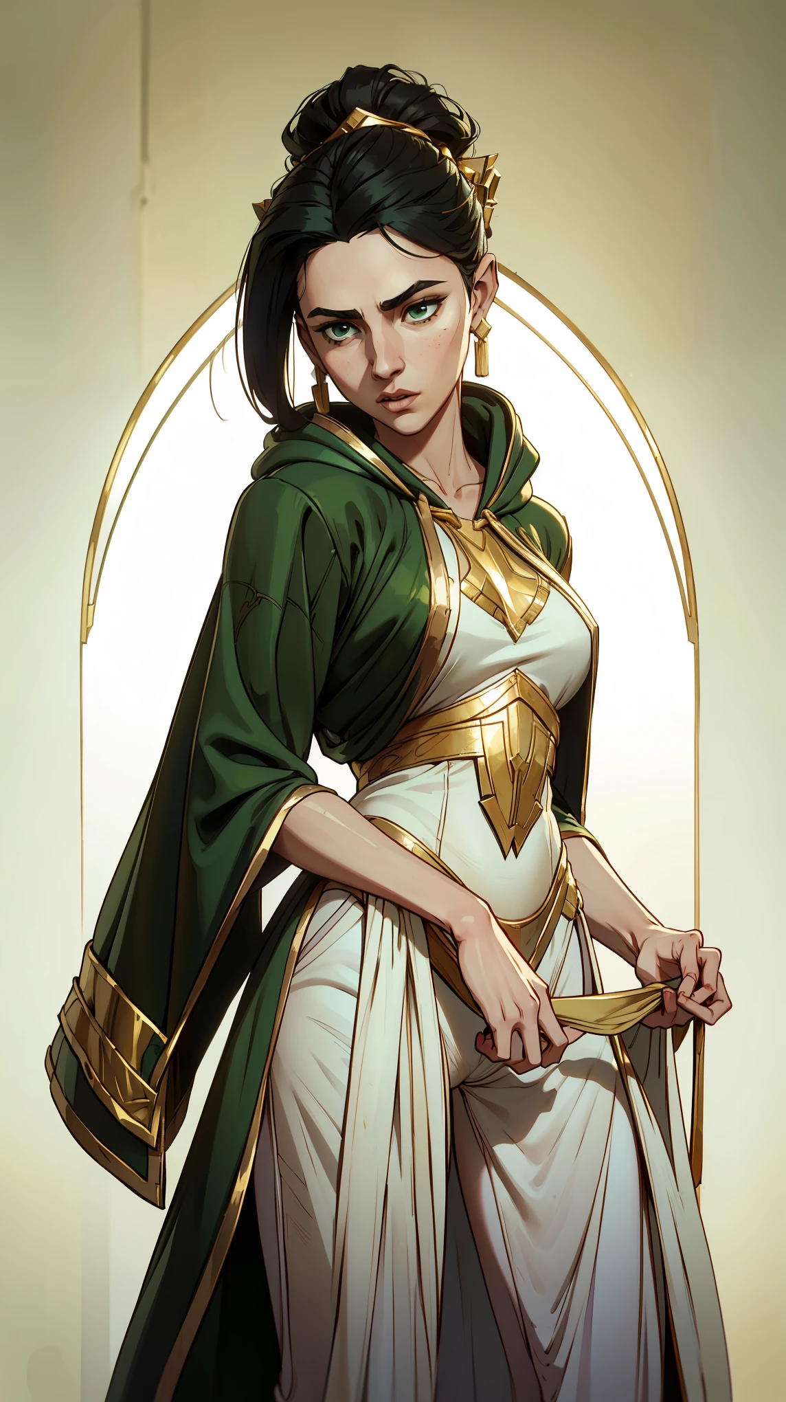 Margaret Qualley, short stature, medium breasts, 4k, highly details, marqual, black ponytail, ((wearing a green Hooded robe over white and gold persian clothing, the bottom of the outfit are low-ridingwhite harem pants)), standing, looking forward, solid white background