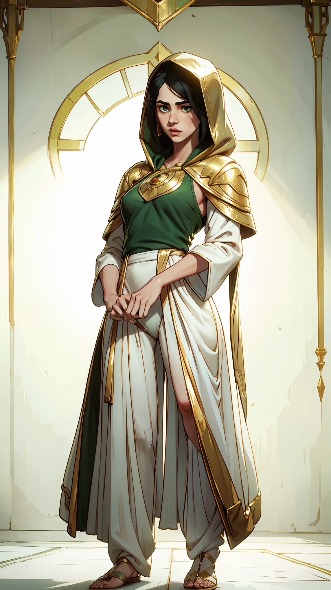 Margaret Qualley, short stature, medium breasts, 4k, highly details, marqual, black ponytail, ((wearing a green Hooded robe over white and gold persian clothing, the bottom of the outfit are low-ridingwhite harem pants)), standing, looking forward, solid white background