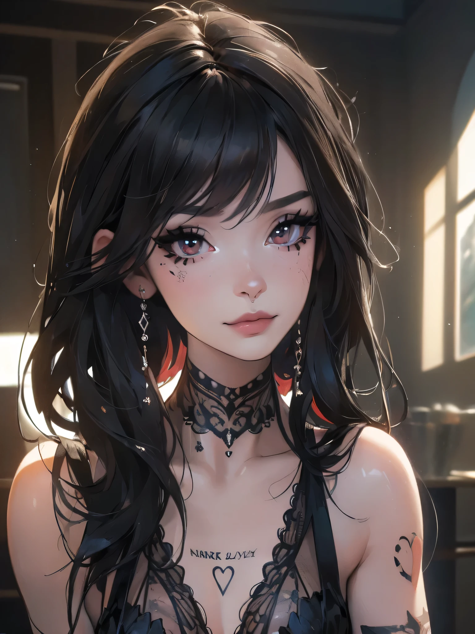 ((((masterpiece, best quality, high resolution)))), Extremely detailed 8K, Beautiful girl with slender body, e-girl, (Ultra HD, Ultra-detailed, Highly detailed, Highly realistic, Ultra-realistic, photograph realistic), (Realistic black hair), ,(dark makeup, detailed eye makeup, Eyeliner), facing at camera, light smile, , coy grin, slender body, (goth, fishnets, torn fishnets, covered in tattoos, full tattoos), egirl makeup
