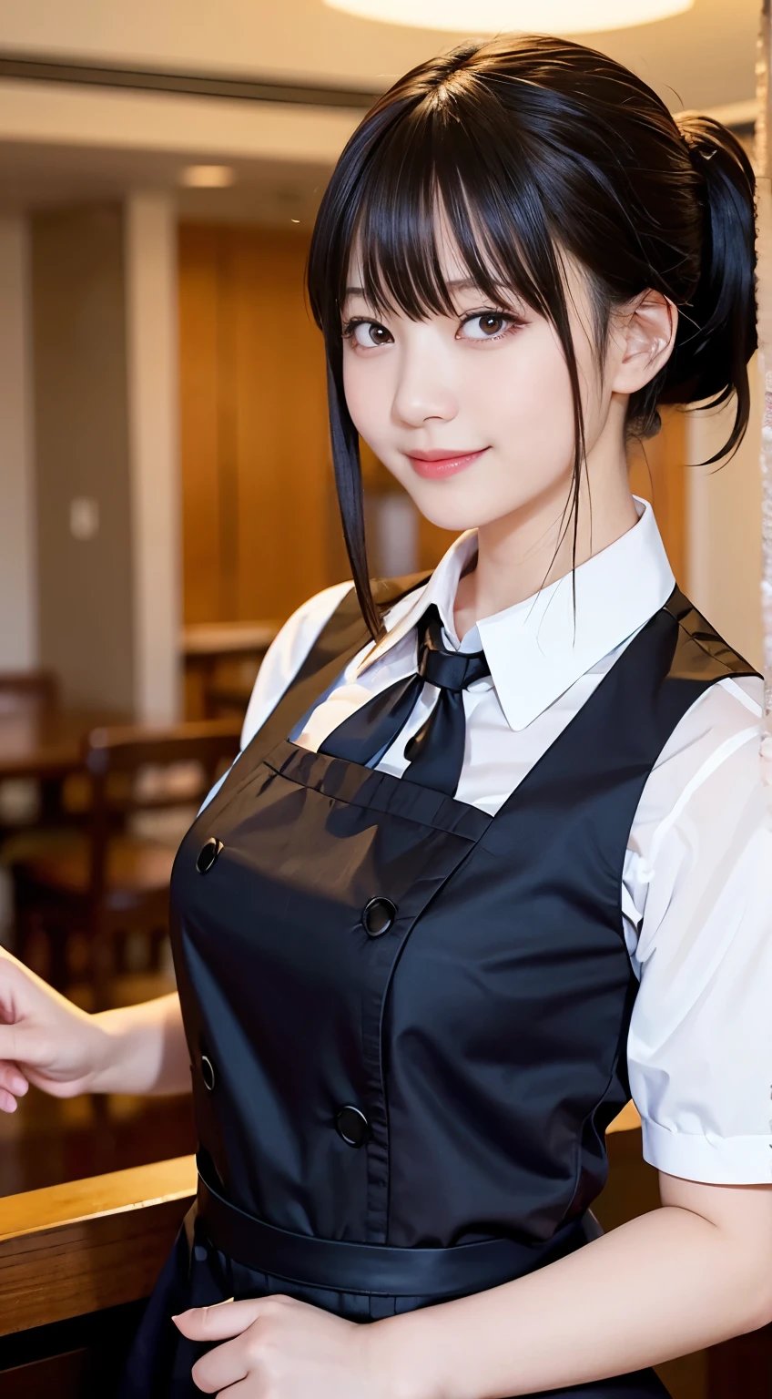 (highest quality,masterpiece:1.3,Ultra-high resolution,),(Very detailed,Caustics),(Photorealistic:1.4,RAW shooting,)Ultra-Realistic Capture,Very detailed,High resolution 16K human skin closeup。 Natural skin texture、,Pores、、、、It must be detailed enough to be easily identifiable。 Skin tone is even and healthy looking。 Use natural light and color,restaurant,Waitress Uniform,1 girl,Japanese,18-year-old,cute,Black-haired,ponytail,Big Breasts,smile,Turn your body forward,(Front view:1.1),Looking at the camera,Cowboy Shot,