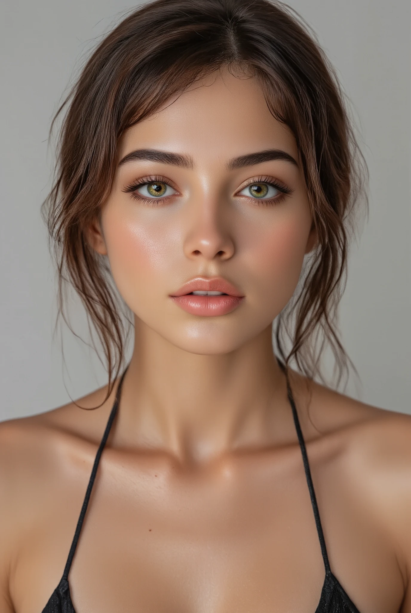 full body photorealistic d&#39;a young tanned brazilian model&#39;stunning beauty without makeup, extremely detailed light green eyes, detailed symmetrical realistic face, extremely detailed natural texture, Cheveux brune , chef-d&#39;artwork, absurde, photo primée de Lee Jeffries, Banque d&#39;images sur film Nikon D850, Appareil photo Kodak Portra 400 f1.6 lentilles, extremely detailed, incroyable, finely detailed, saturated colors, hyper realistic realistic texture, dramatic lighting, Unreal engine, tendance sur Artstation, cinestill 800 tungstène, regarder le spectateur, photorealistic, Photo brute, TanvirTamim, high quality, high resolution, sharpness, extremely detailed, cinema lighting, 8k euh,-imaginer-