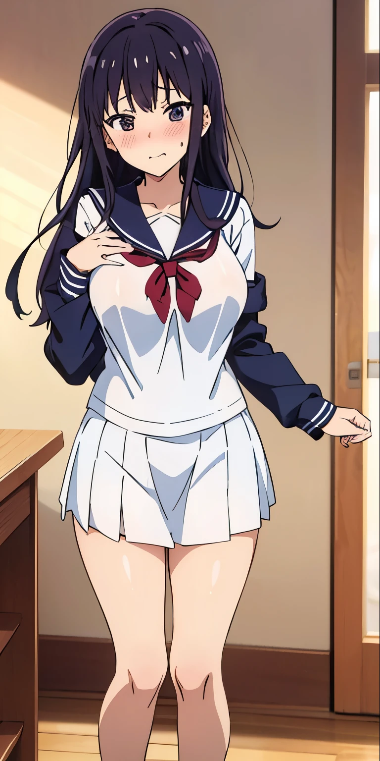 Anime school girl wearing sailor uniform, cute, pretty, sexy, anime girl sexy pose , standing, grabbing skirt , shy , blushing, awkward , Full sleeves, big boobs