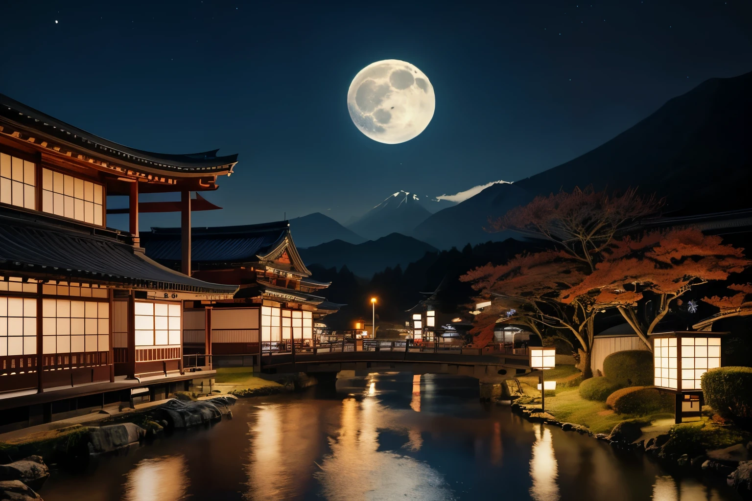 Fine art paintings inspired by paintings of Japanese houses under the full moon and moonlight,  popular on ArtStation, ukiyo-e, Japanese art style, Japanese art, Japanese art art, Japan at Night,  traditional Japanese art, old Japanese art, Anime Background Art,  4k very detailed art,  background artwork

