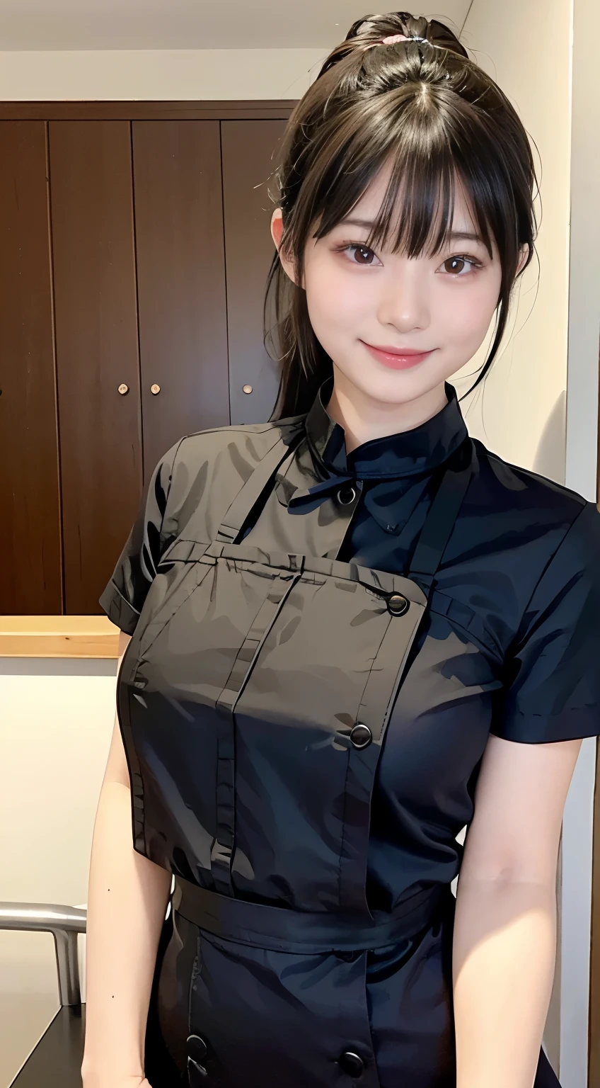 (Highest quality,masterpiece:1.3,Ultra-high resolution,),(Very detailed,Caustics),(Realistic:1.4,RAW shooting,)Ultra-Realistic Capture,Very detailed,High resolution 16K human skin closeup。 Natural skin texture、,pores、、、、It must be detailed enough to be easily identifiable。 Skin tone is even and healthy looking。 Use natural light and colour,restaurant,Waitress Uniform,1 girl,Japanese,18-year-old,cute,Black-haired,ponytail,Big Breasts,smile,Turn your body forward,(Front view:1.1),Looking into the camera,Cowboy Shot,