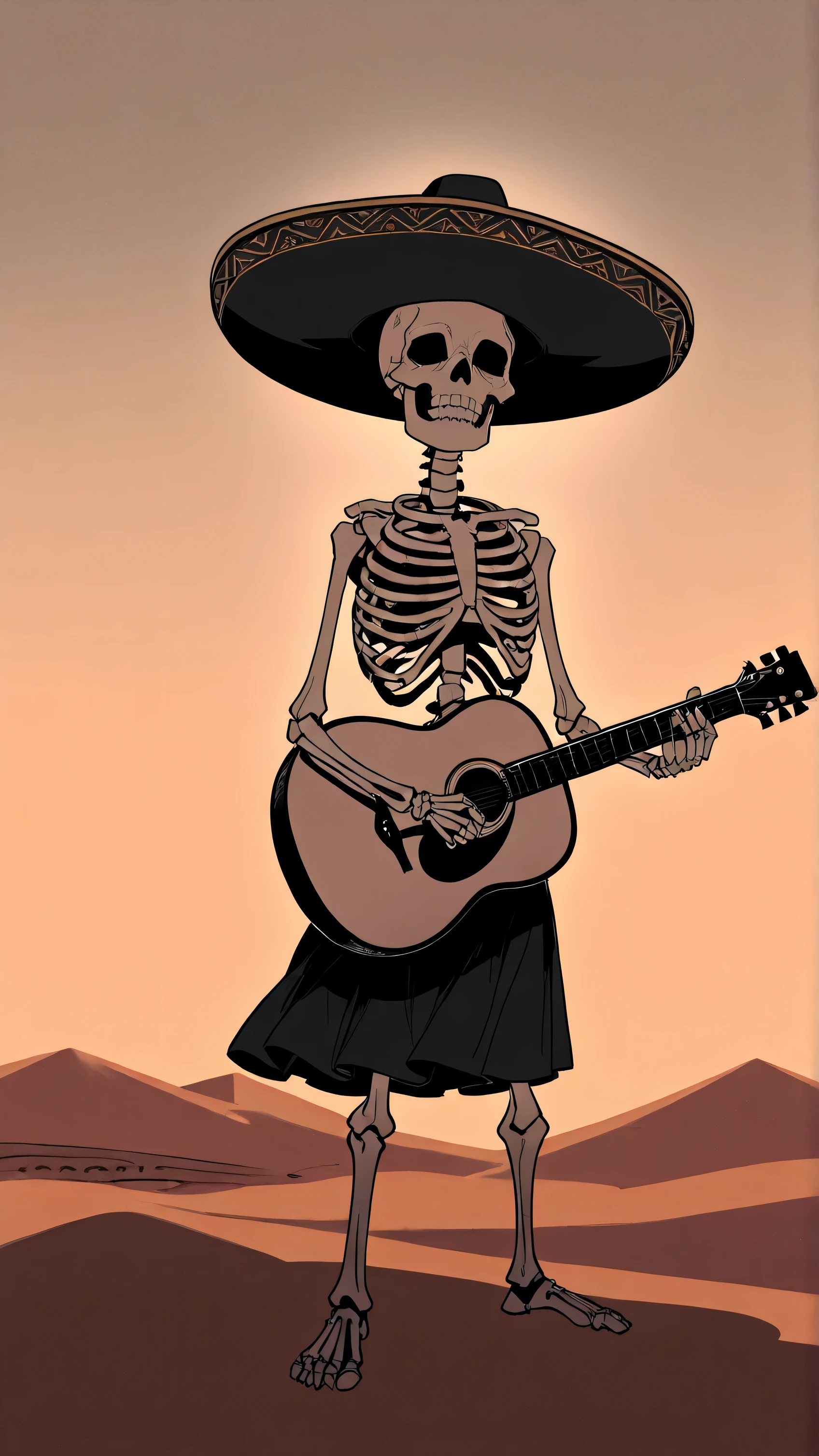 A man wearing a brightly colored, skeleton-themed sombrero, also known as a Sombrero de Calavera, plays a worn acoustic guitar in a dusty, sun-drenched Mexican desert town. The midday sun casts long shadows, highlighting the intricate details of his attire and instrument. He stands amidst crumbling adobe buildings, their architecture weathered by the harsh desert climate. This scene visually embodies Mexican folk traditions, captured in a cinematic shot with warm, muted tones of the desert environment dominating the color palette. The dusty, arid environment surrounds the man, with cacti and sand stretching as far as the eye can see. The man's expression appears serene as he plays his music, surrounded by the rustic beauty of the desert town