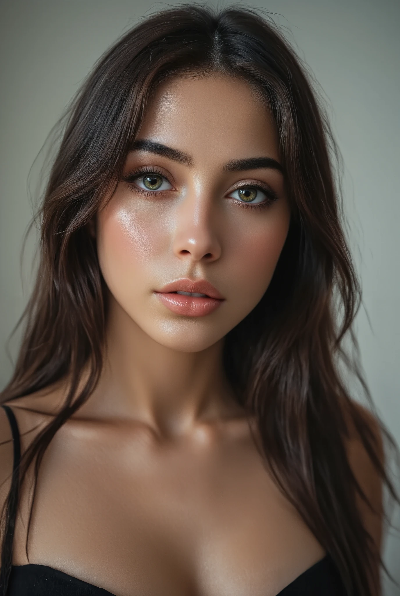 full body photorealistic d'a young tanned brazilian model'stunning beauty without makeup, extremely detailed light green eyes, detailed symmetrical realistic face, extremely detailed natural texture, Cheveux brune , chef-d'artwork, absurde, photo primée de Lee Jeffries, full body, Banque d'images sur film Nikon D850, Appareil photo Kodak Portra 400 f1.6 lentilles, extremely detailed, incroyable, finely detailed, full body, saturated colors, hyper realistic realistic texture, dramatic lighting, Unreal engine, tendance sur Artstation, cinestill 800 tungstène, regarder le spectateur, photorealistic, Photo brute, TanvirTamim, high quality, high resolution, sharpness, extremely detailed, cinema lighting, 8k euh,-imaginer-