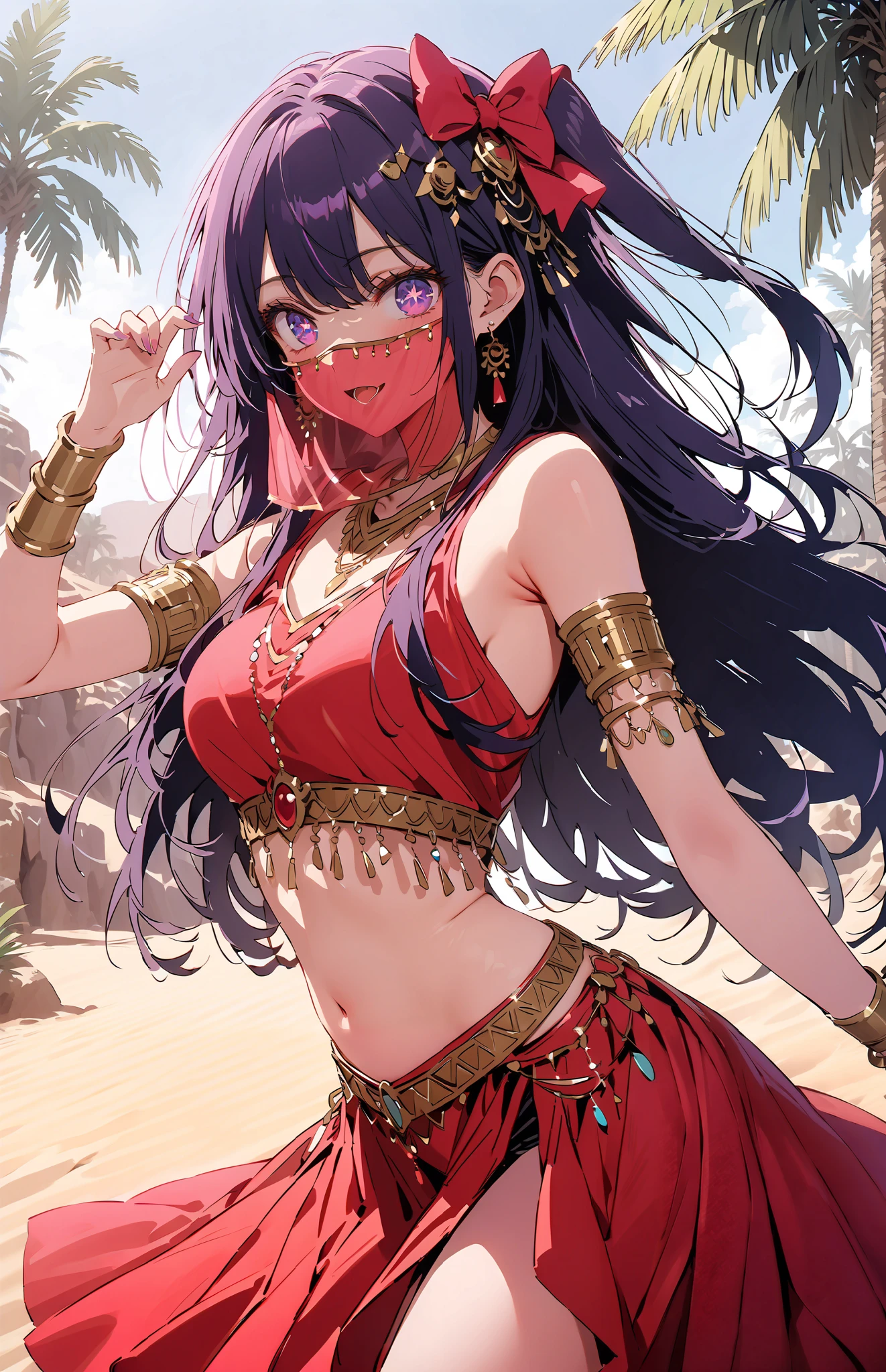 score_9, score_8_up, score_7_up, source_anime,
aihoshino, Love Hoshino, long hair, bangs, purple eyes, purple hair, symbol-shaped pupils,
one side up, hair ornaments close to the garden, hair bow,hair ornaments close to the garden, hair bow,, Arabic costume , dancer , mouth Veil, Belly Dance, Veil, armlets, palm tree , Dancing,Bare legs, 両手で三角shapeのおにぎりを持っている , break looking at viewer,
break outdoors, desert, oasis,
break ( masterpiece:1.2), TOP QUALITY, high resolution, Unity 8K Wallpaper , (shape:0.8), ( accurate and beautiful eyes :1.6), very detailed face, perfect lighting, relies on extremely accurate CG , ( perfect hand, perfect anatomy),