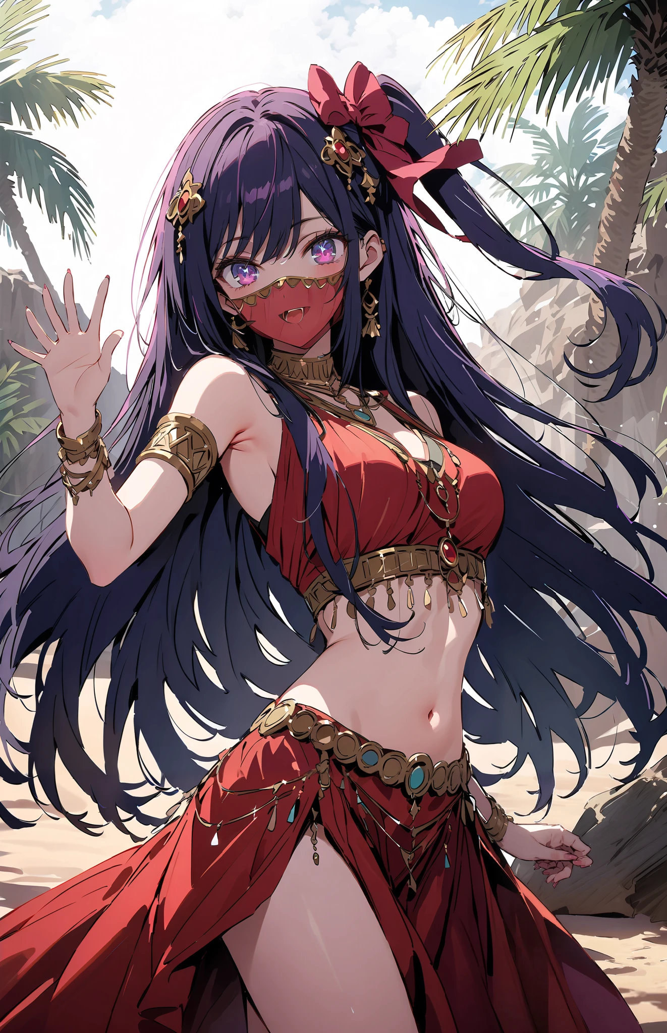 score_9, score_8_up, score_7_up, score_6_up, score_5_up, score_4_up, source_anime, 1girl, pale skin, black hair, purple hair, red eyes, dancer, revealing clothes, mouth veil