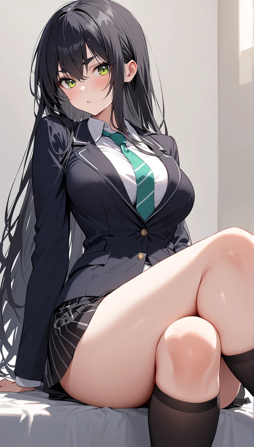 forest, Day, null, cloud, whole body, One girl, ShibaMiyuki, hair ornaments, school uniform, Black tie, White Dress, Green jacket, Long sleeve, Open jacket, High heels, Very large breasts, Sitting, pantyhose, lifted up, View your viewers, smile, 魅惑的なsmile,Spread your legs、panties