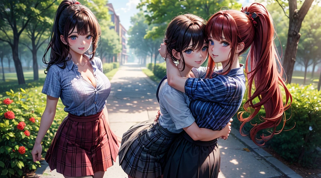（8k ，Super detailed，The best masterpiece，Nature，Perfect work of art，Perfect female body），Clear skies，standing on top of the building，Looking at the bright sky，Two sexy busty wives ，（Huge breasts，Big Ass），，Raise your hands above your head，Trapped by a rope，Hands tied with rope，Red lace student，Open chest and shoulder，Red mini skirt，Pleated Skirt，Thong，Sexy Student Council President，Black suspenders，