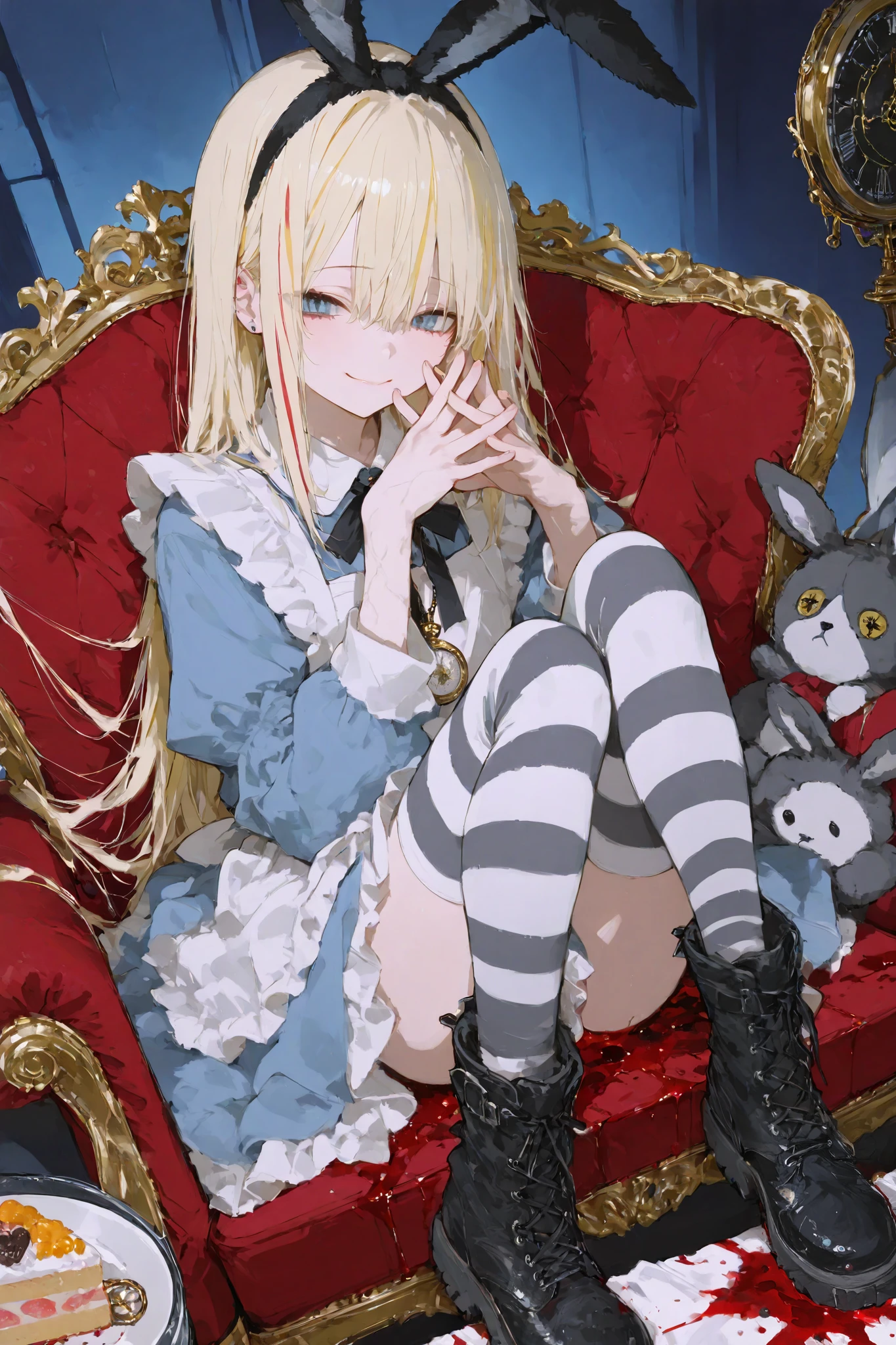 illustration, best quality, dramatic lighting, 00118_illu
,r17329_illu,masterpiece, best quality, ultra-detailed, 1cute chibi girl,dark gothic twisted version of Alice in Wonderland. The character sits casually in a large, plush red chair, her pose relaxed but her expression unsettling, with a sly smile and piercing blue eyes that glow unnaturally. Her blonde hair, streaked with blue, falls messily over her face, and her bunny ears are slightly askew, adding to her chaotic appearance. She wears a traditional Alice-style blue dress, but the fabric is tattered and stained with blood, especially around her apron, which is splattered with red, as though she’s been involved in something sinister. In one hand, she holds a bloodied eyeball, the veins and details of the eye rendered with disturbing realism, while her other hand rests on her lap, her fingers also stained with blood. Her striped stockings and combat boots are similarly splattered, with the words "Alice in Underland" scrawled in white across her legs. The table before her is covered in blood-splattered desserts—a donut with a bite taken out of it, a piece of cake smeared with red syrup, and a teacup overturned, spilling blood across the white tablecloth. A golden pocket watch lies beside the chaos, its hands frozen in time, also covered in splatters of blood. The lighting is soft but eerie, casting long shadows that give the scene a dark, foreboding atmosphere. The overall composition is both detailed and disturbing, with the photorealistic textures of the blood, fabric, and food adding to the unsettling nature of the scene.