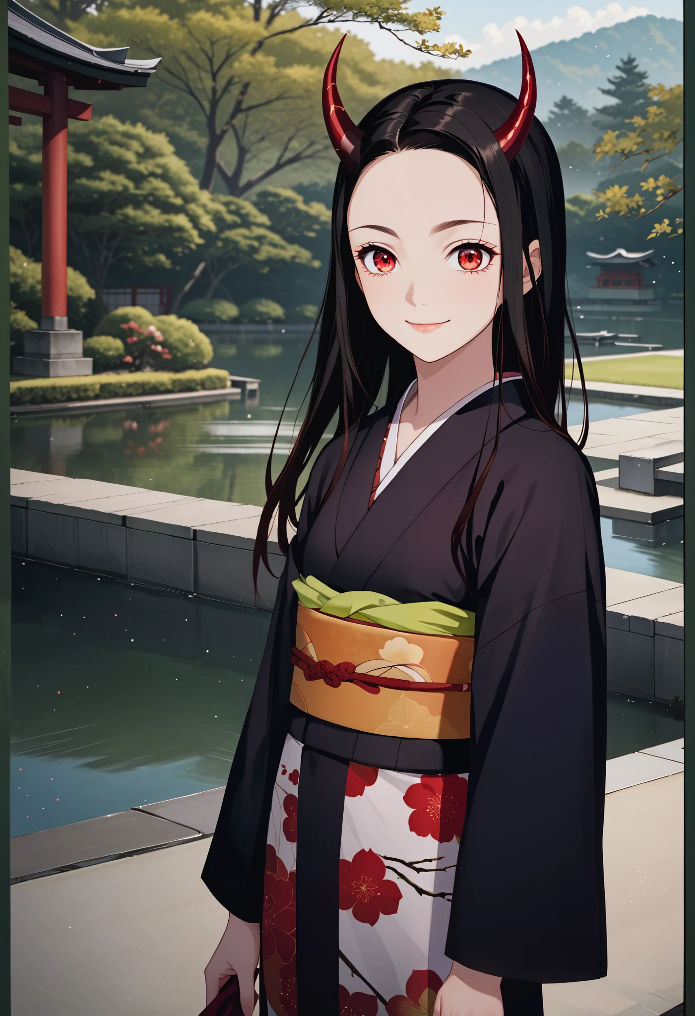 score_9, score_8_up, score_7_up, (Demon Slayer, Kimetsu no yaiba style), (nezuko kamado), (upper body, front view), (1girl, solo), (black long hair, straight hair, forehead), red eyes, (red demon horns:1.4), (looking at viewer, smile:1.1), kimono, (standing in the Japanese style garden, scenery)