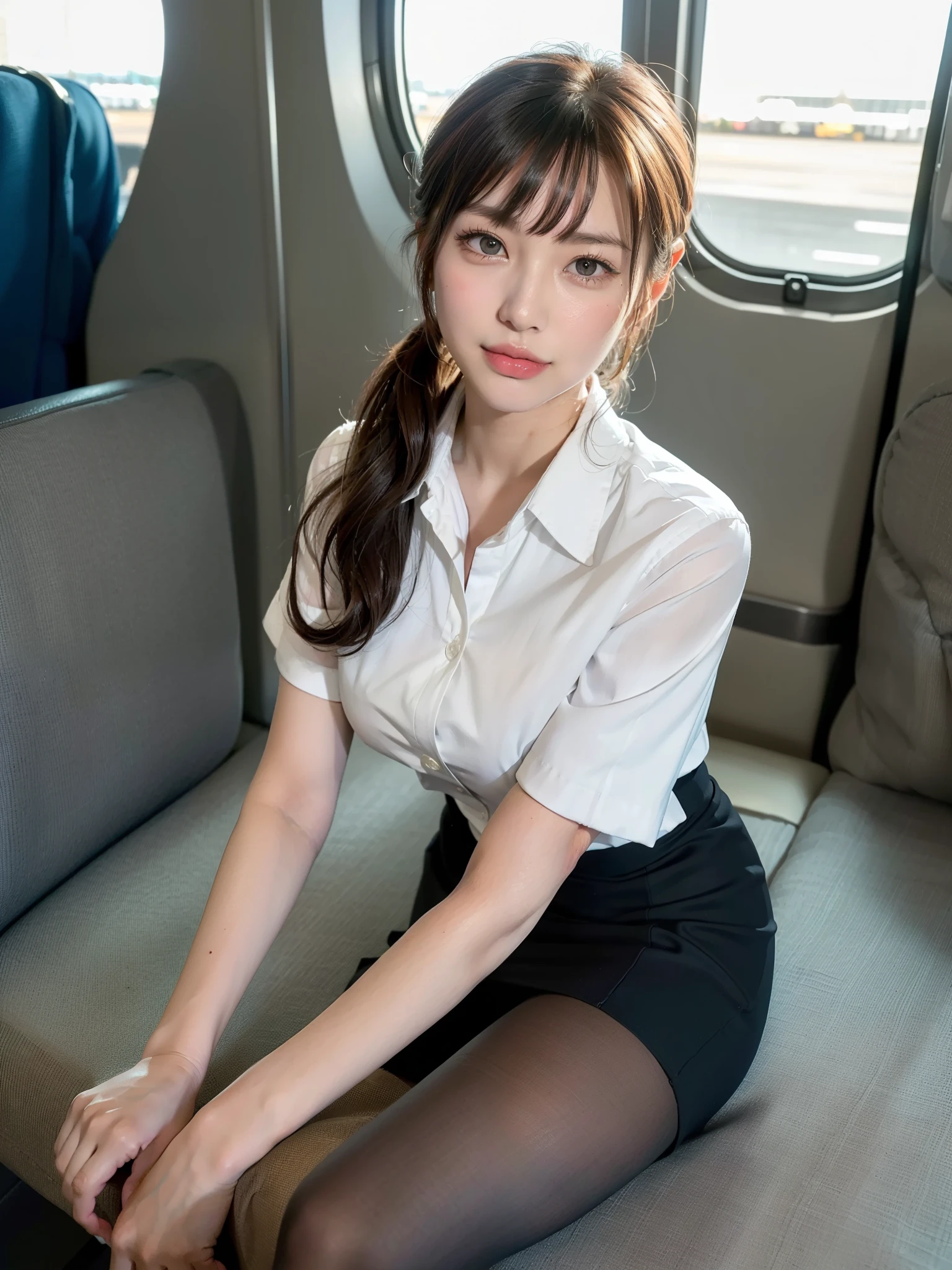 Flight Attendant、(Highest quality)、((Very detailed))、4K、(8K)、masterpiece、Very detailedな、Highest quality、Super Resolution、1 person、Kind Face、Soft Light、RAW quality、Soft Skin、163cm、Thighs、plane