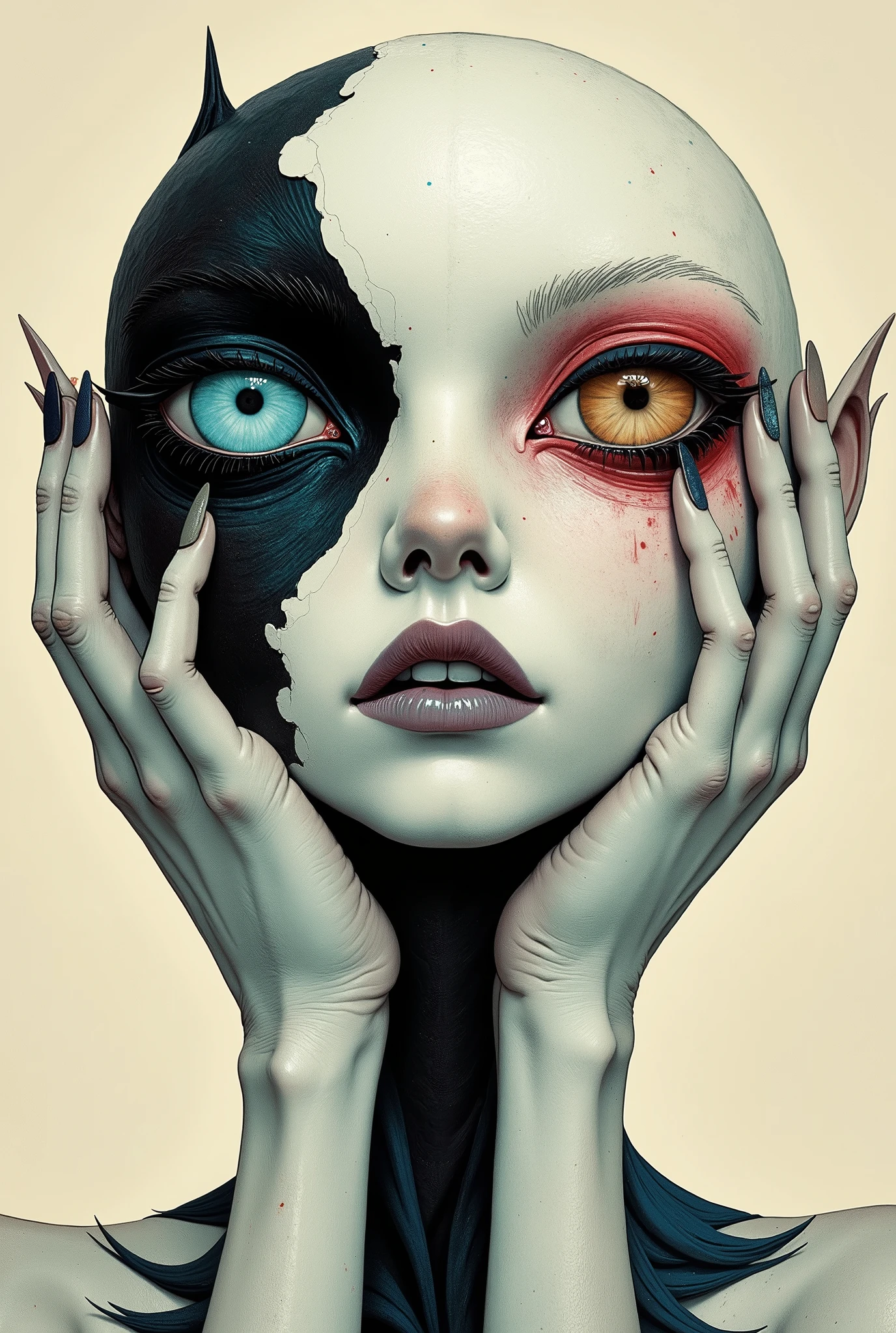 ppstorybook illustration of a detailed study of an uncanny hybrid being, its face a mosaic of smooth white porcelain segments and bold black contours accented by streaks of deep indigo and crimson. Nontraditional, asymmetrical eyes—one a vibrant aquamarine, the other a soft rose gold—exude surreal depth. Her hands are on her cheeks.