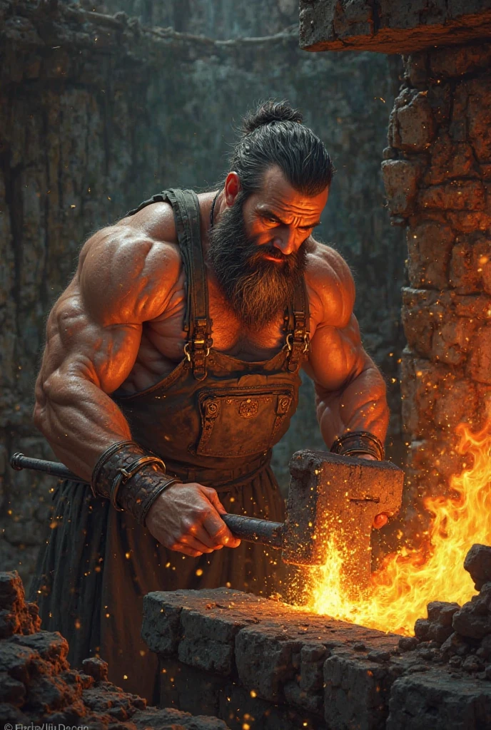 A caveman creating an iron sword on an anvil