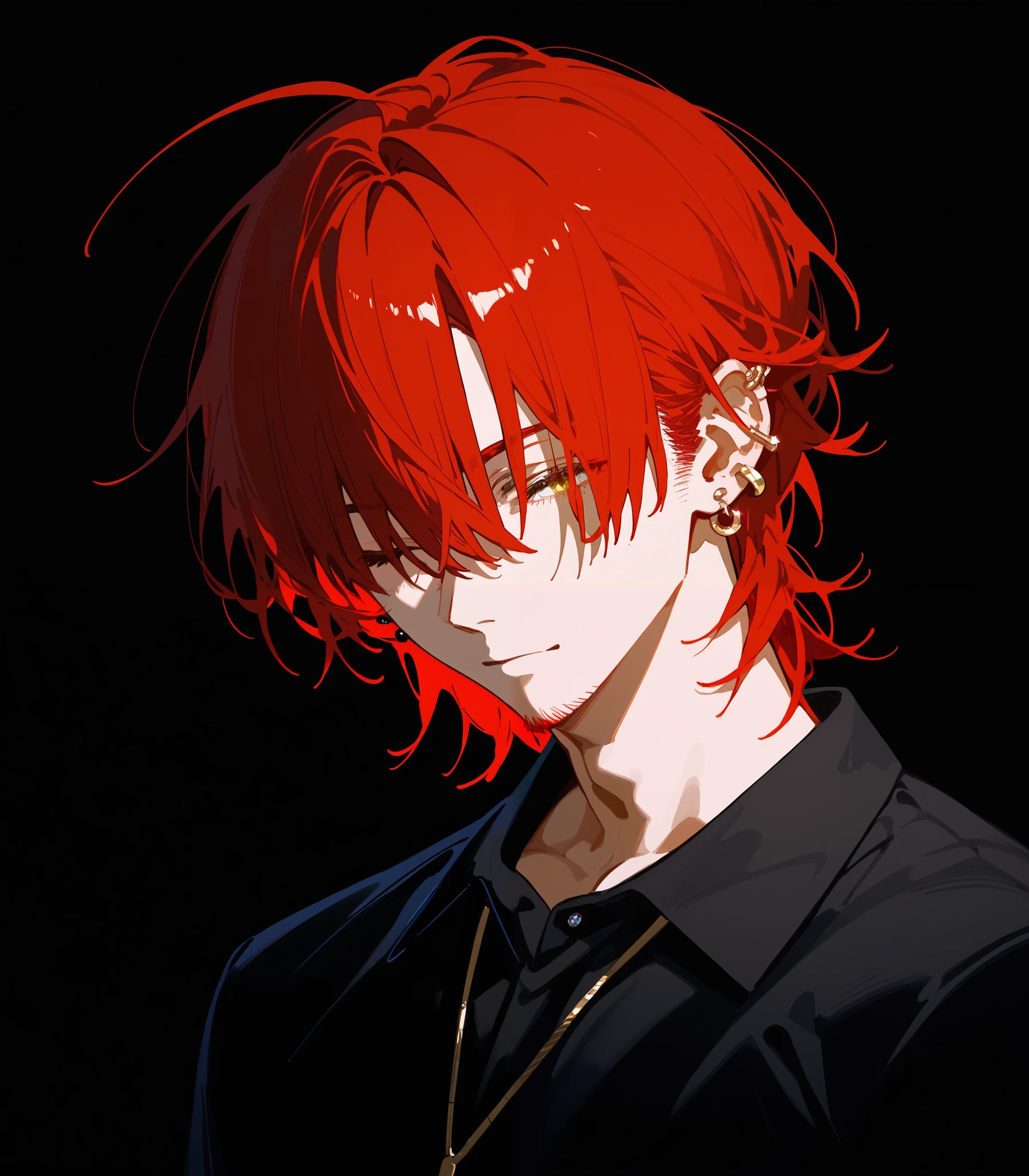 Male, red hair,in yellow eyes,,hair with one eye closed, hair over eyes, black long-sleeved shirt ,thin, dark edges,black background,uncle, stubble short,teacher,Very old ,ตาuncle,High instep ,Hair lost ,Ear Piercing,, slightly bearded,