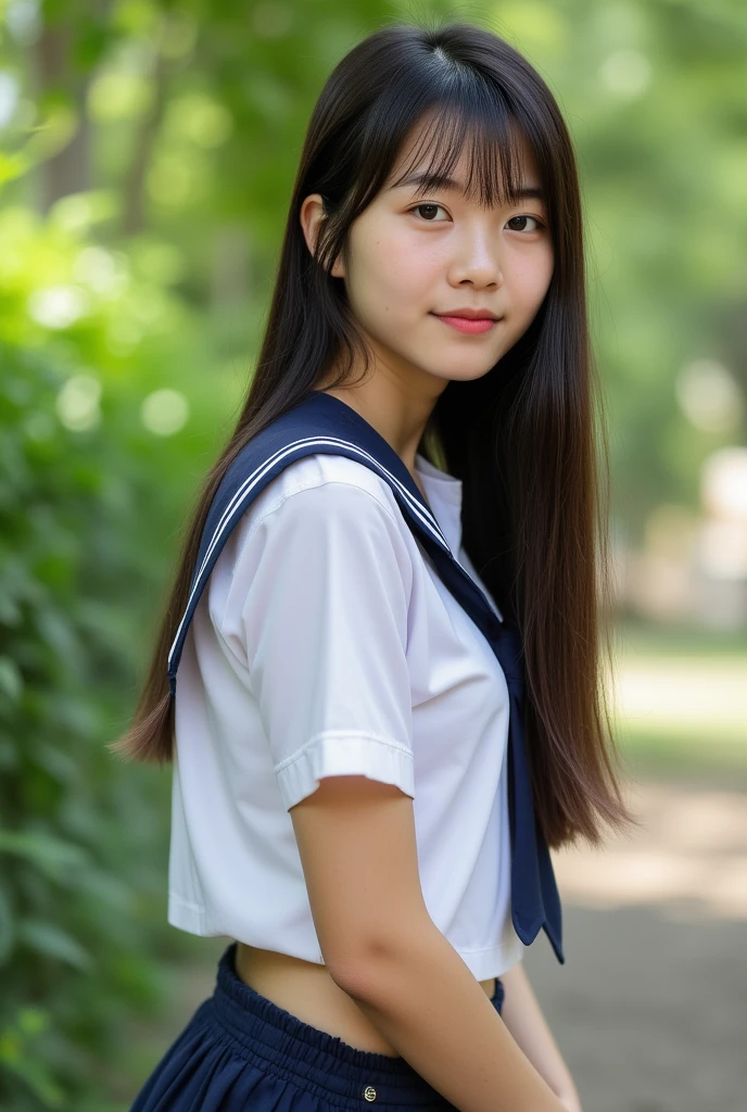 (masterpiece、16k image、high resolution、highest quality)、solo、One Girl、(Japanese Girls' High School Sailor Uniform,perfection)、(perfectionな解剖学,Beautiful body、Healthy Body、Beautiful Skin)、sunny day、Black-haired、Short-haired、Long-haired、ponytail、black eye、On the way home、、Flat Chest、18-year-old、School zone、Artistic.、Beautiful woman、Beauty Body、smile、whole body、