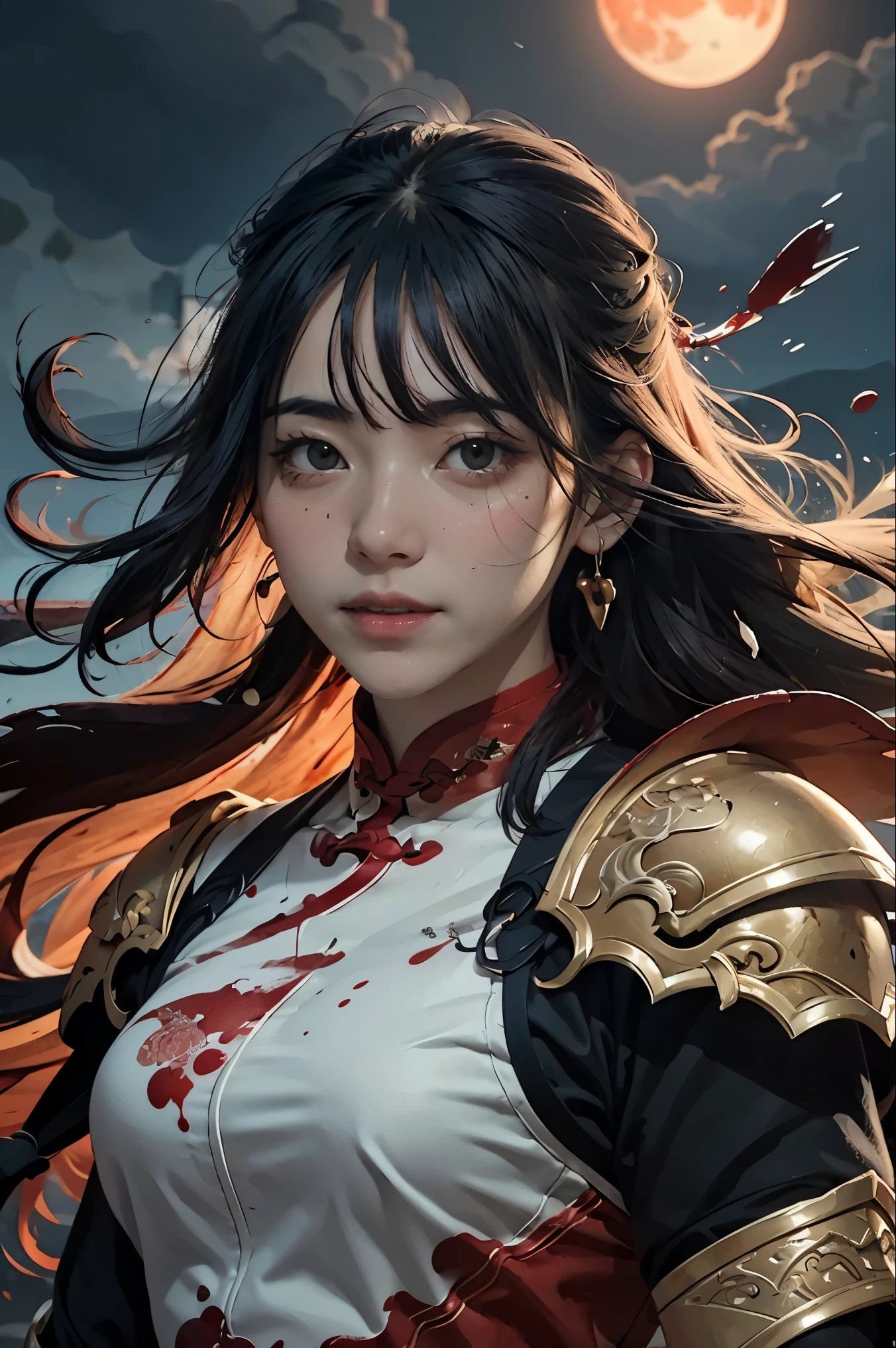 realistic, 1girl, high quality fingers, normal hands, detailed fingers, masterpiece, (realistic, photo-realistic: 1.37), realistic, 1girl, long hair:1.5, black hair:1.2, red eyes:1.5, bright eyes, oriental armor, swordsman, samurai, large breasts, breasts covered, blood all over the body, blood in the eyes, blood on the face, serene look, fighting pose, defensive, look at the viewer