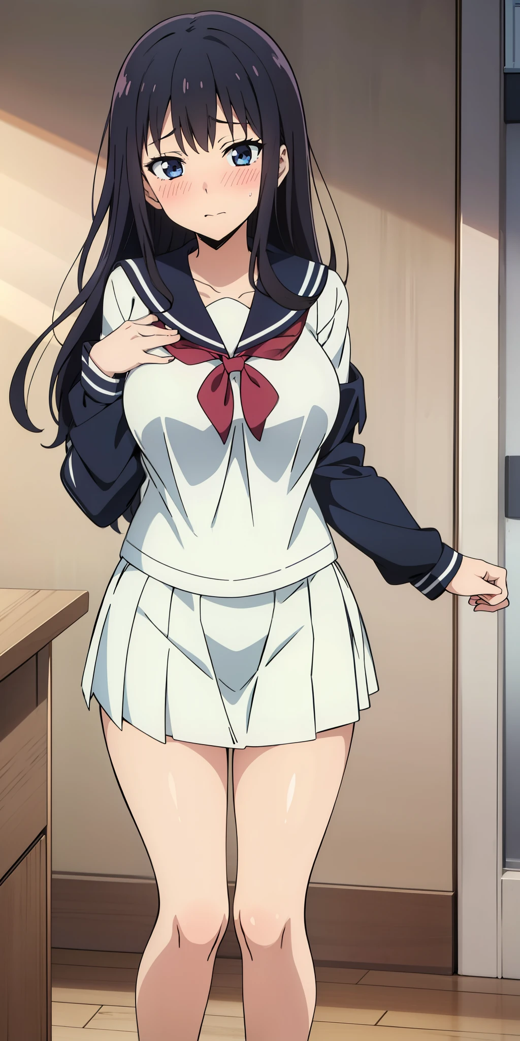  Anime school girl wearing sailor uniform, cute, pretty, sexy, anime girl sexy pose , standing, grabbing skirt , shy , blushing, awkward , Full sleeves