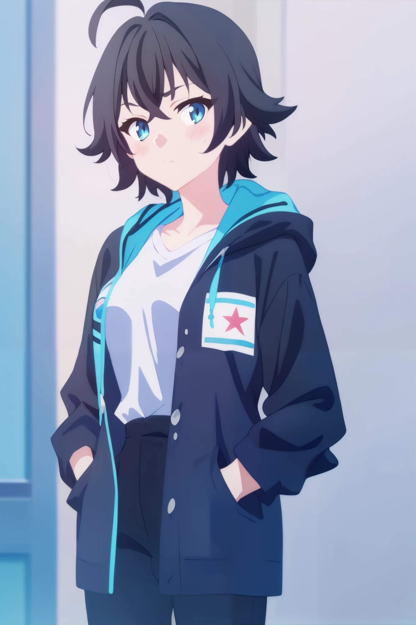 1girl, solo, blue eyes, long black hair with blue gradient, blush, onee-san, 😅, white shirt, long black hoodie robe with blue inside, ahoge, black trousers, hands in pockets, white background, no background, right hand raised, super detail, high details, high quality, best quality, highres, 8k, UHD