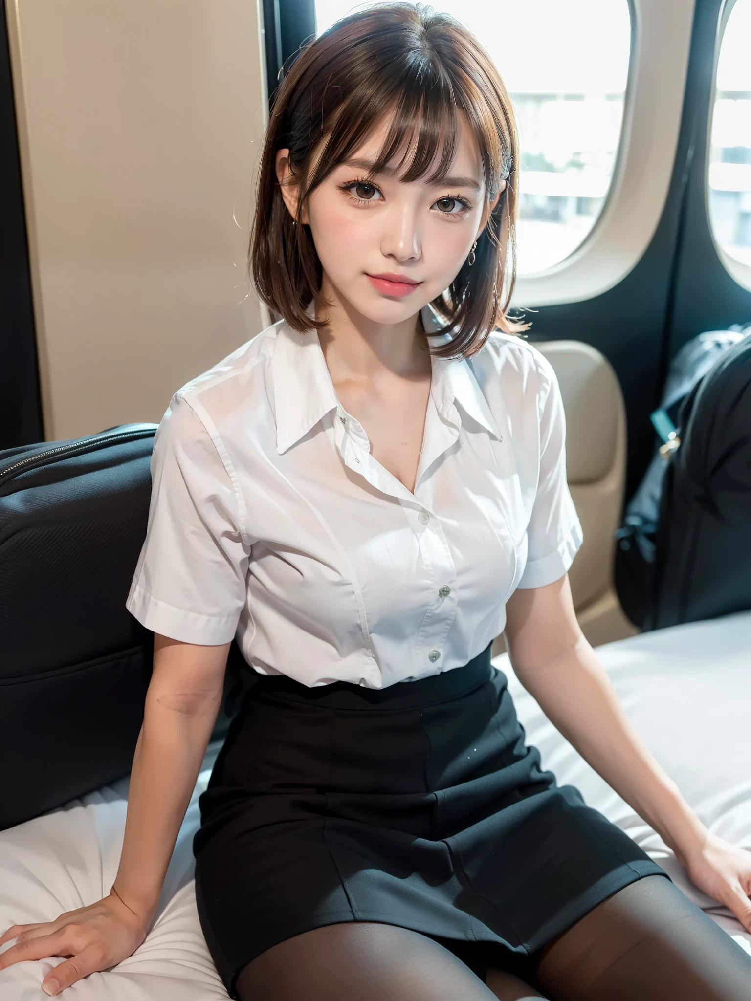 (Elevation)(Stewardess Uniform、Tight mini skirt)(Lace panties)Mix 4,Super detailed (8K, RAW Photos, 最high quality, masterpiece: 1.45), (Realistic, Realistic: 1.37), (Ultra-high resolution)(Textured skin)(Very detailed)(high quality)(最high quality)(First Person View)Cute Woman,smile ,airport,Sitting on a chair。Lace panties