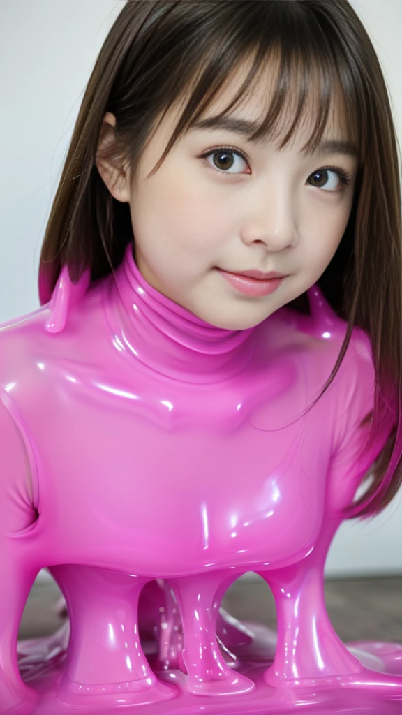 Angelic very beautiful cute young girl, Beautiful detailed eyes, Detailed double eyelids, (Soft Saturation: 1.3), (Fair skin: 1.3), (Large eyes:1.4), Long straight brown hair, see-through bangs, Sharp Focus, beautiful detailed face and eyes, drooping eyes, small nose, small mouth, happy smiling with visible teeth, 85mm lens, F/8.0,BREAK  (super shiny crystal-clear transparent pastel pink latex bodysuit :1.4),(very beautiful cute young girl:1.3),break  (oiled glossy bodysuit:1.5),in the street,walking,(costume with strong reflective surfaces:1.3), Raw photo, High resolution, perfect detail, Professional Photography, Professional Lighting, strong lighting for bodysuit,(brown hair:1.2)