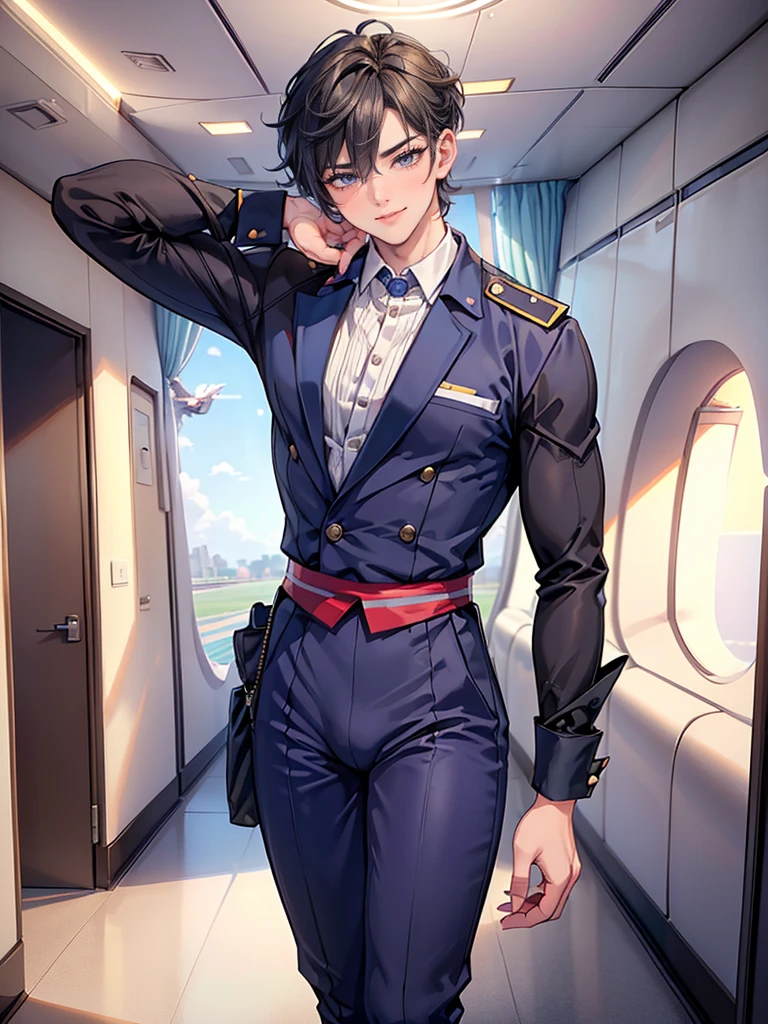 masterpiece, best quality, face, natural eyes, one man, solo, big feet, black socks, full body, (in suits), large bulge, long legs, looking at viewer, 30 years old, muscled and mature, pilot, pilot in uniform, short haircut, blue eyes, topless, shirtless, open chest, eight-pack abs, sexy,