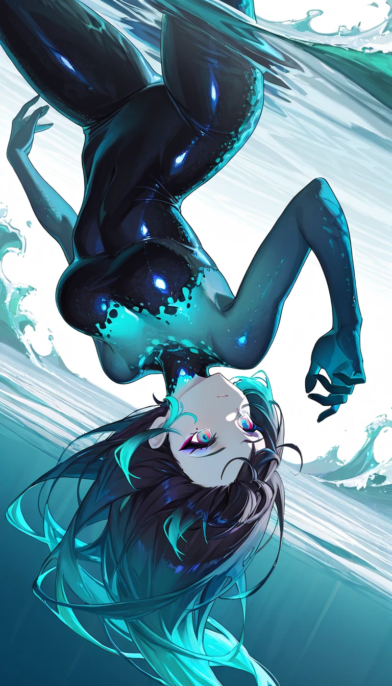 Tanraak (style), ((masterpiece)), ((8k quality)), (no watermark), stolas, male, lying down in grass, sleek, shiny black slime body, long tail feathers, shiny, slick, goo, gooey, wide hips, white pupils, one hand grabbing chest