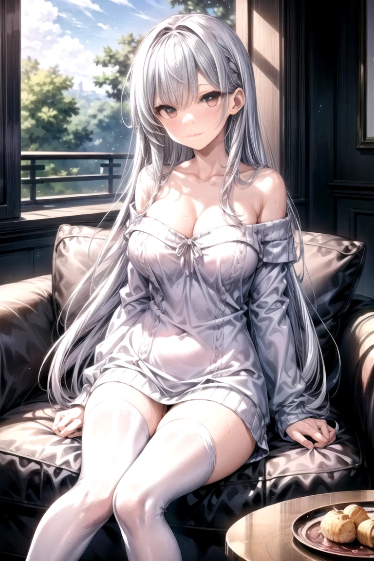 whaite hair,Lori huge breasts cleavage,The barefoot,Sit on your knees,A coquettish look,Wearing a white miniskirt,Rosy face,The hands are overwhelmed


U