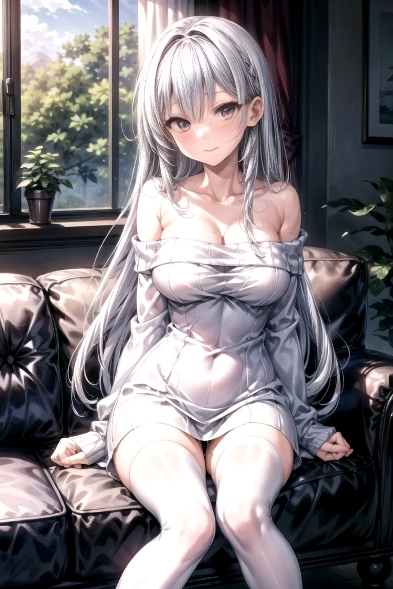 1Girl, Solo, Anime, Proportional body, (Cleavage, Small Breast). Beautiful, Gorgeous, Fresh, Blunt Bangs, (White Grey Hair:1.5),(Straight and Wavy Long Hair:1.3), Virgin Sweater, Off-Shoulder, Oversize Sweater, Cotton Sweater, No BRA, Loose Cloth, Cotton, Texture Wool. (Sitting:1.3), Earrings, Thin Black Headband, Green Accessories, Environmental Details, Bed Room, Natural Light, Modern Bed, Chair, Window, White Curtain, City View. pov, anime style, UHD, retina, masterpiece, accurate, anatomically correct, textured skin. High Resolution, Looking at viewer, Blush, Best Quality, Award Winning, Accurate, Embarrassed, seductive smile, Body sweating, Naughty Face, Naughty smile, Gradient Eye Color, Sexy pose, Cowboy Shot, Perfect Pupil, Sweating, Sweat on Body, sweat on breast. 