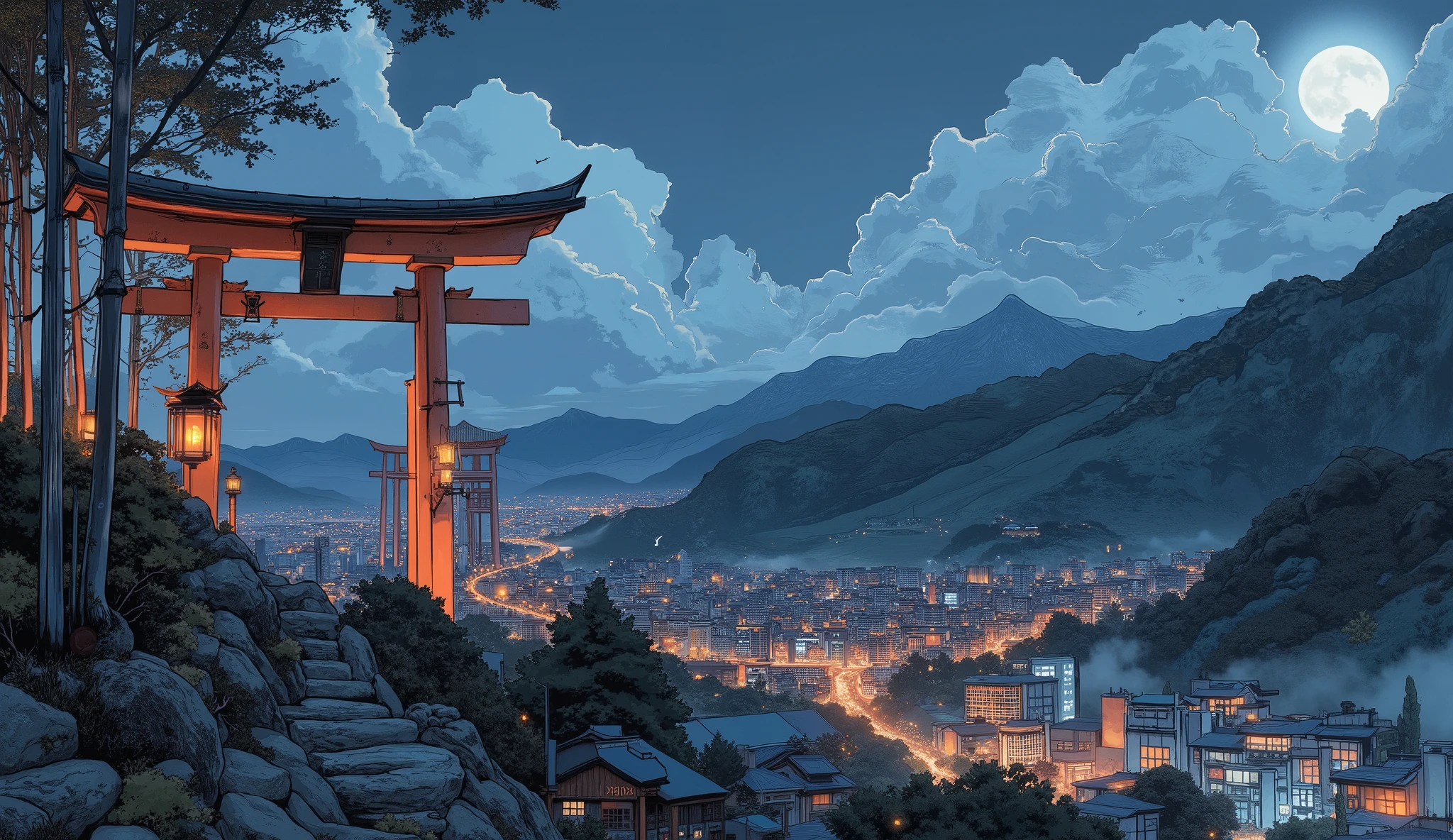 cyberpunk,mountains,shrine,,Many torii gates overlap,Deep in the mountains,night,Lantern,mechanical,cloud,Flock of birds,bamboo forest