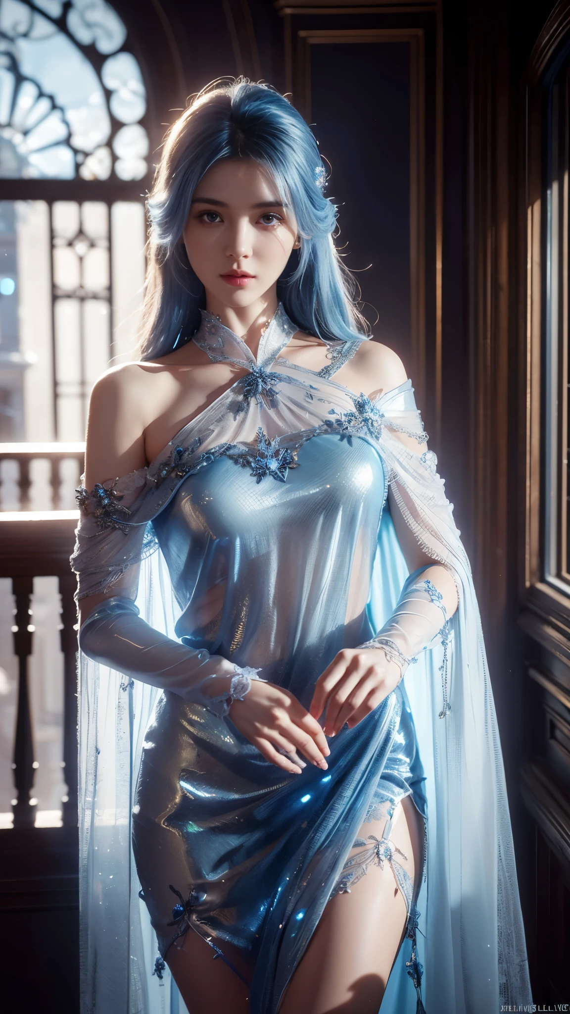 Ice princess, blue dress, see through dress, ice crown on head, teen, long blue hair, feet, skinny, no bra, blue belly piercing, Swedish