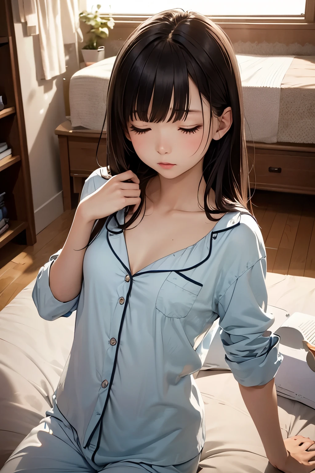 (masterpiece, best quality), 1girl, bed sheet, messy hair, unbuttoned shirt, unbuttoned shorts, blue pajamas, shiny skin,