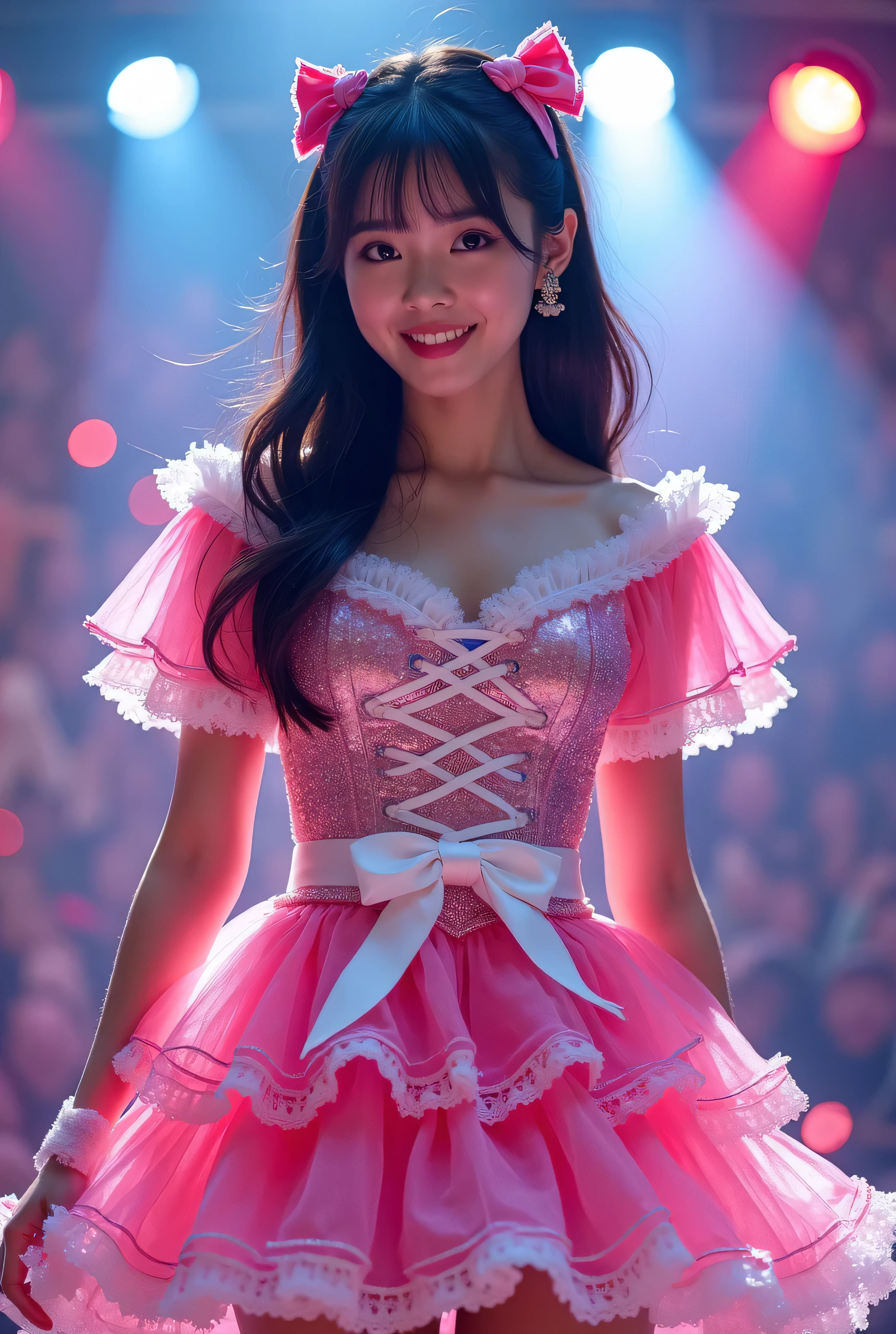 Create a highly detailed, realistic image of a young woman with long, dark hair styled with two small pink bows on either side. She is wearing a vibrant and transparent shinning glossy pink short dress that has a layered, frilly design with white ruffled edges on the sleeves and neckline. The dress has intricate lace-up details on the front, with white ribbons crisscrossing over the bodice. A large, white bow is tied around her waist, and the skirt is layered with multiple ruffles, alternating between white and pink frills. The upper part of the dress has a mix of white and blue accents, especially around the shoulders, giving it a lively, idol-like appearance. The girl’s expression is cheerful and playful, with a radiant smile, captured both in performance and posing with a slightly pensive look. Ensure that her outfit appears shiny and glossy, reflecting stage lights, and incorporate a vivid, performance-like atmosphere in the background. Some Lights shooting around, she hold microphone, head thighs portrait,