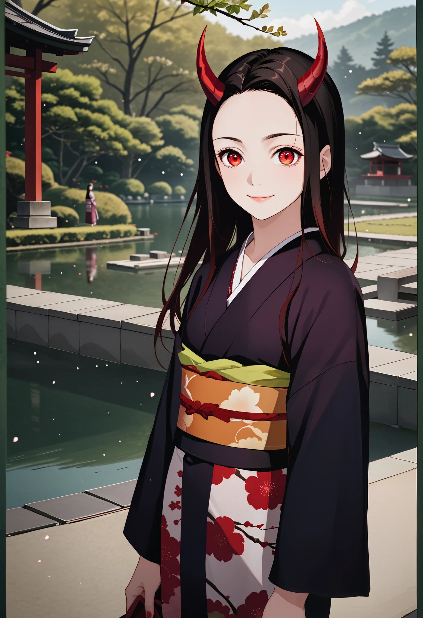 score_9, score_8_up, score_7_up, (Demon Slayer, Kimetsu no yaiba style), (nezuko kamado), (upper body, front view), (1girl, solo), (black long hair, straight hair, forehead), red eyes, (red demon horns:1.4), (looking at viewer, smile:1.1), kimono, (standing in the Japanese style garden, scenery)