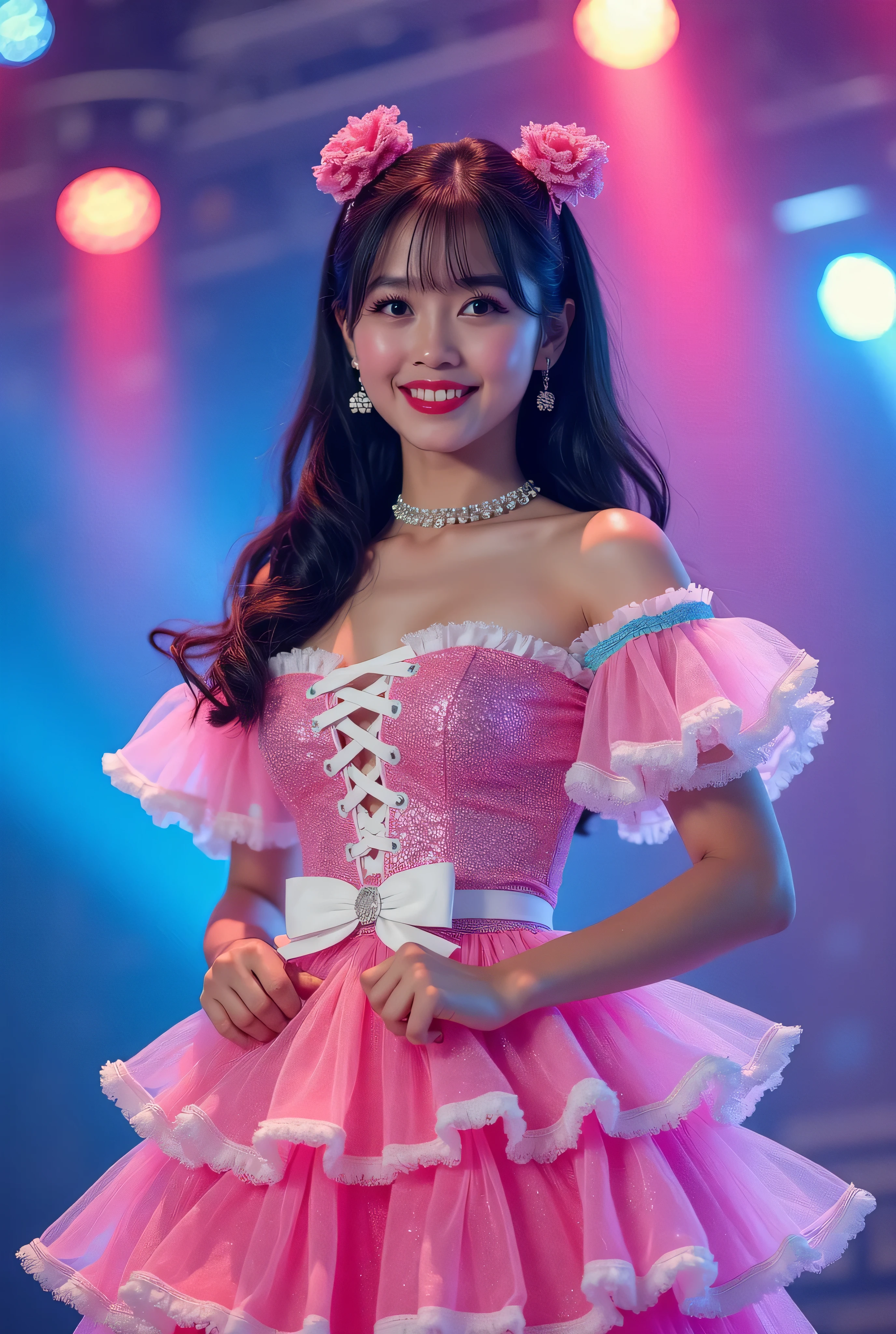 Create a highly detailed, realistic image of a young woman with long, dark hair styled with two small pink bows on either side. She is wearing a vibrant and transparent shinning glossy pink short dress that has a layered, frilly design with white ruffled edges on the sleeves and neckline. The dress has intricate lace-up details on the front, with white ribbons crisscrossing over the bodice. A large, white bow is tied around her waist, and the skirt is layered with multiple ruffles, alternating between white and pink frills. The upper part of the dress has a mix of white and blue accents, especially around the shoulders, giving it a lively, idol-like appearance. The girl’s expression is cheerful and playful, with a radiant smile, captured both in performance and posing with a slightly pensive look. Ensure that her outfit appears shiny and glossy, reflecting stage lights, and incorporate a vivid, performance-like atmosphere in the background. Some Lights shooting around, she hold microphone, head thighs portrait,
